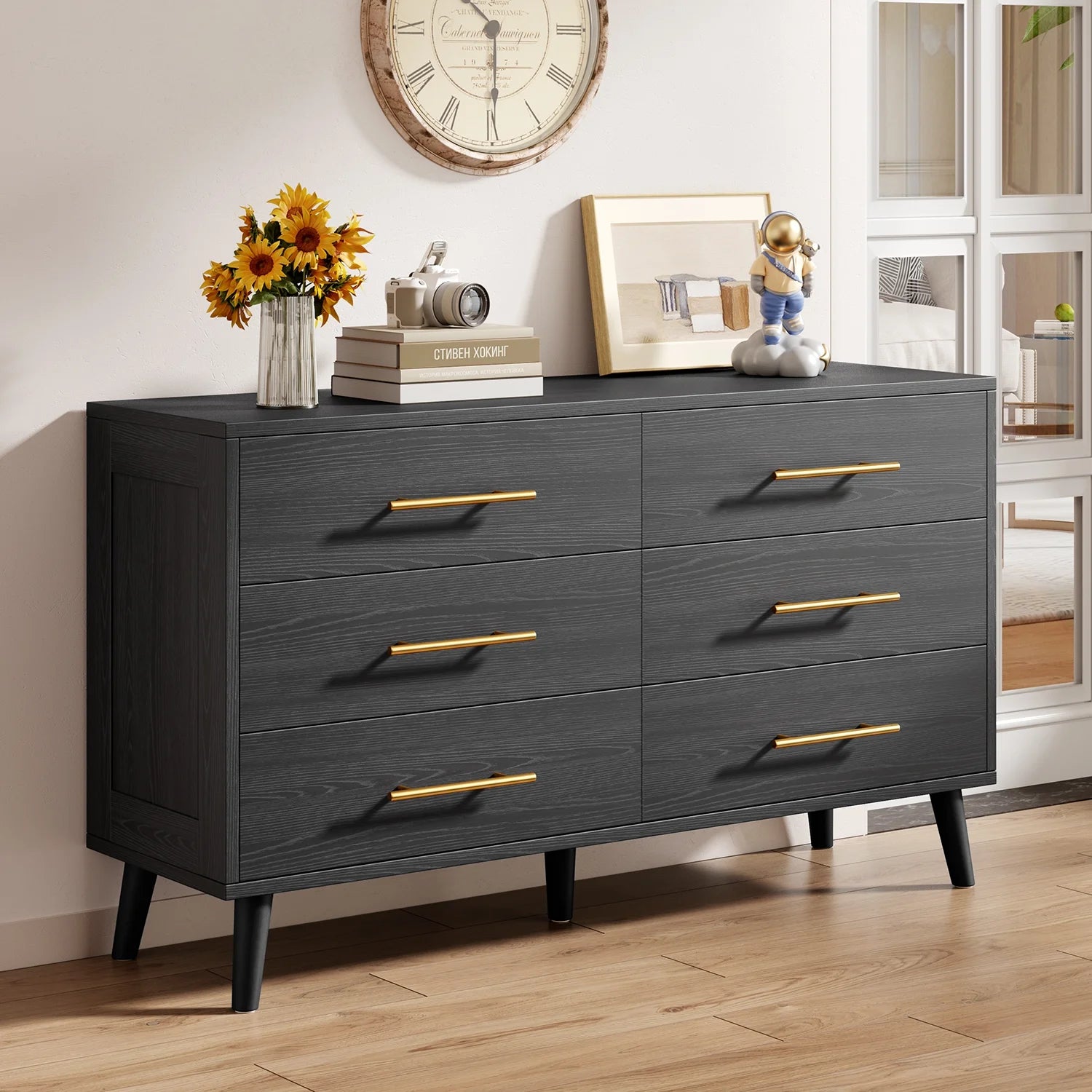 Bedroom Furniture Set - Includes Queen Bed Frame, Nightstands Set of 2, 5-Drawer Dresser & Double Wide 6-Drawer Dresser - Modern Storage Solution for Stylish Home Decor, Black