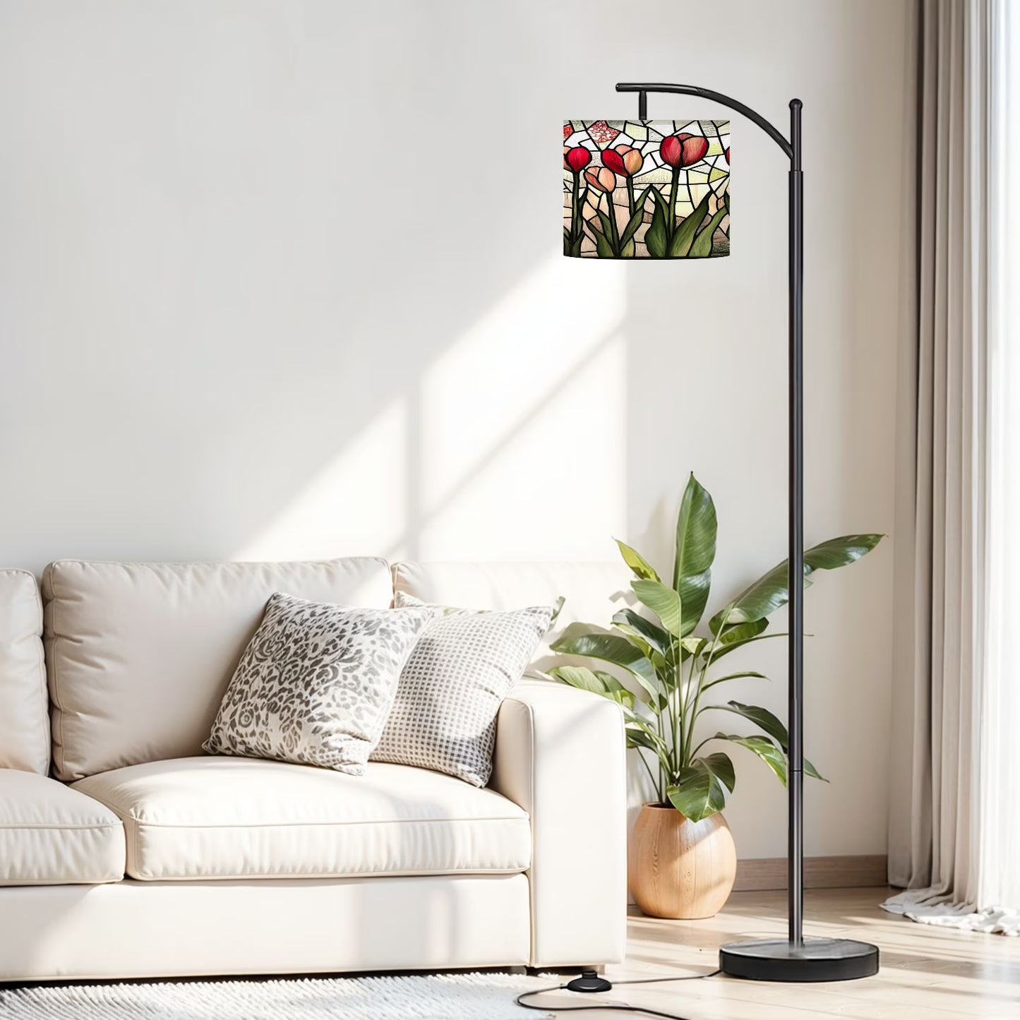 Arc Floor Lamp, 3 Color Temperatures Modern Floor Lamps Flowes Flower Floral Oil Adjustable Tall Standing Reading Lamp with Linen Texture Shade for Living Room, Bedroom, Office