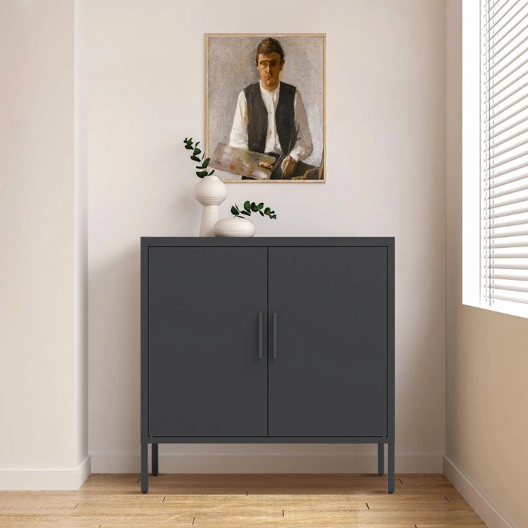 31.5" Metal Storage Cabinet with 2 Doors and 2 Adjustable Shelves, Garage Storage Cabinet with Metal Handles, Metal File Cabinet for Home Office School Gym, Black