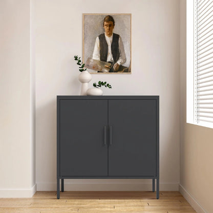 31.5" Metal Storage Cabinet with 2 Doors and 2 Adjustable Shelves, Garage Storage Cabinet with Metal Handles, Metal File Cabinet for Home Office School Gym, Black