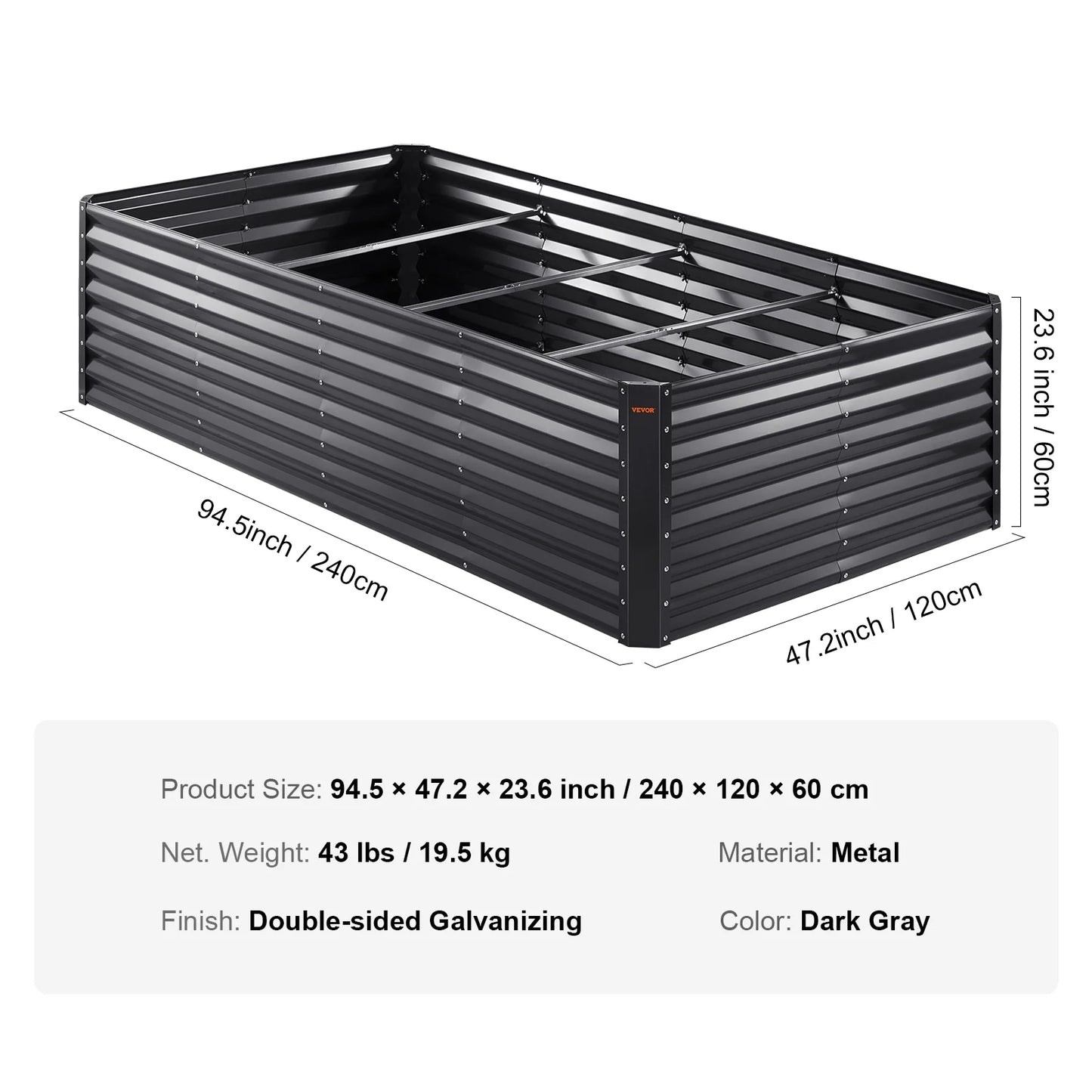 BENTISM Galvanized Raised Garden Bed, 8x4x2 FT Large Metal Raised Planter Box Garden Beds Outdoor for Vegetables Flowers and Herbs with Open Bottom and Planting Tools, Dark Grey