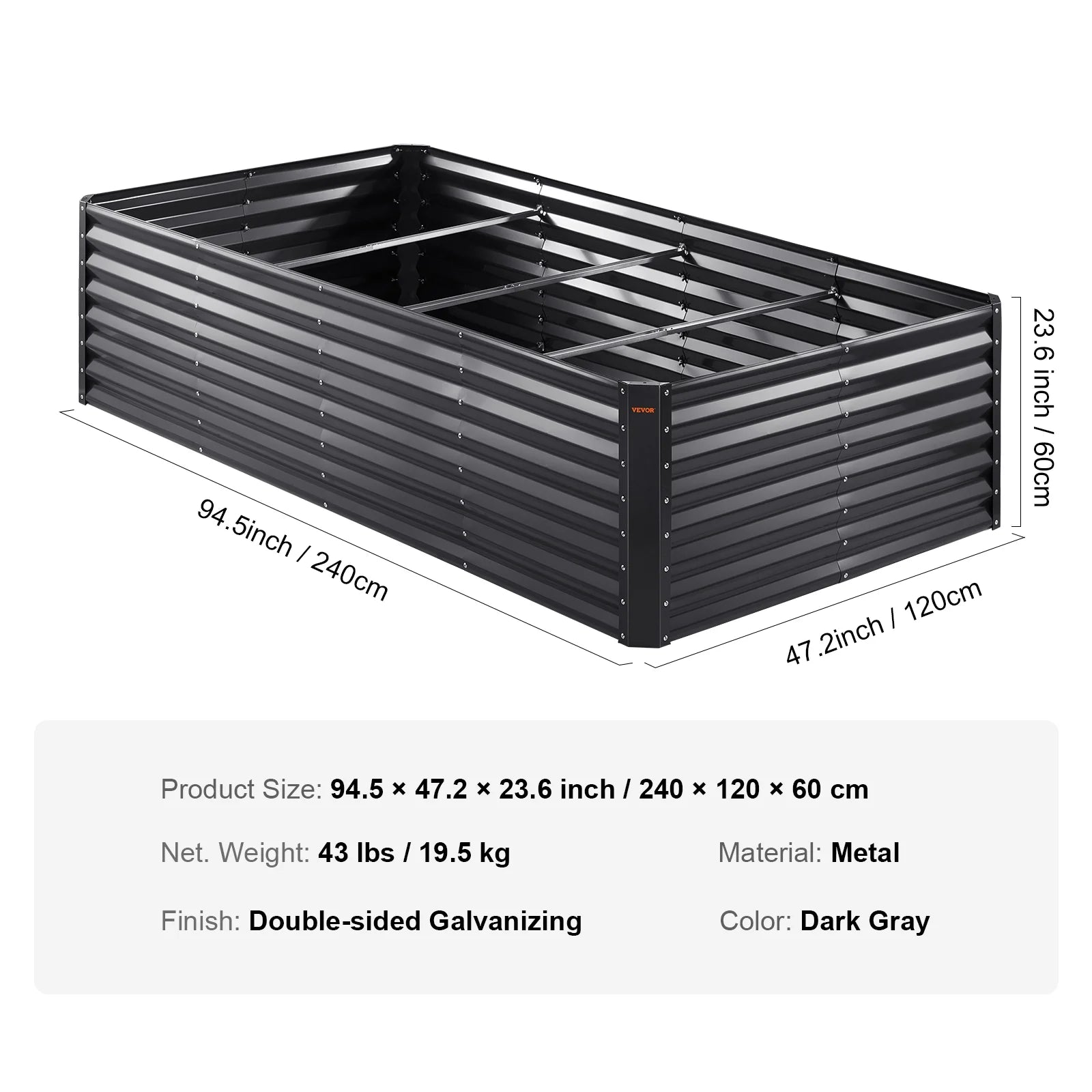 BENTISM Galvanized Raised Garden Bed, 8x4x2 FT Large Metal Raised Planter Box Garden Beds Outdoor for Vegetables Flowers and Herbs with Open Bottom and Planting Tools, Dark Grey