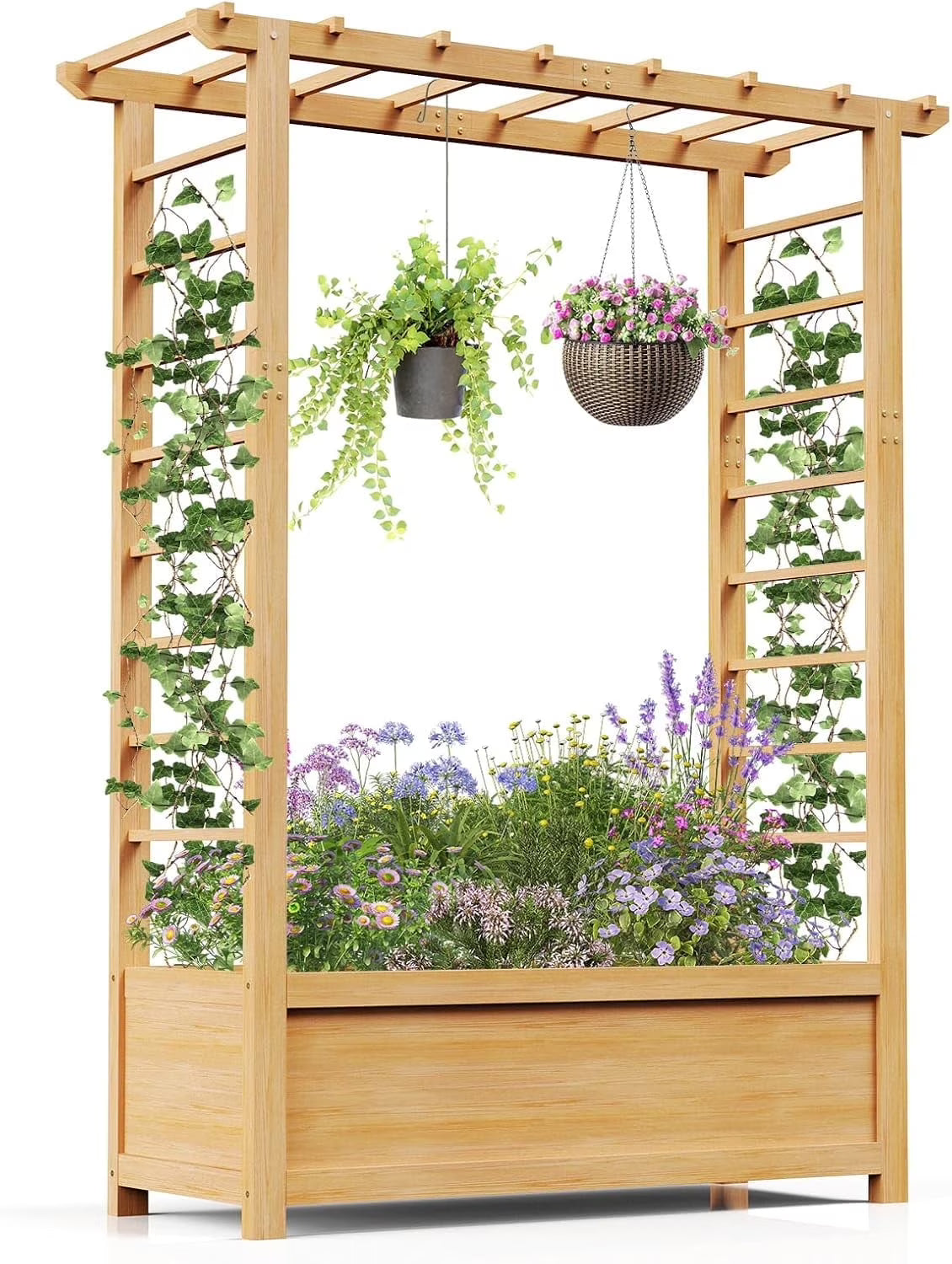 Slsy 63" Screen Raised Garden Bed, Wooden Planter Box with Hanging Roof & Drainage Holes, Indoor Outdoor Elevated Planter for Vine, Climbing Plants, Flowers, Patio & Garden