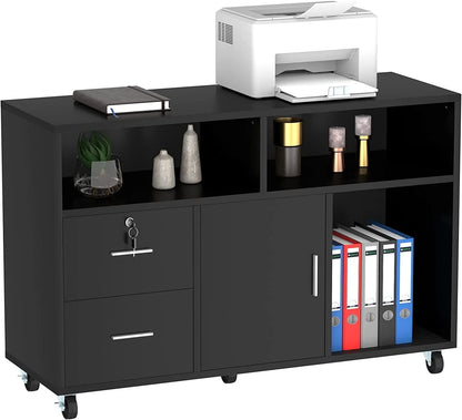Dextrus 2 Drawer Wood File Cabinet, Mobile Lateral Filing Cabinet with Lock, Printer Stand with Open Storage Shelves for Home Office, Drawers Without Hanging Bars, Black