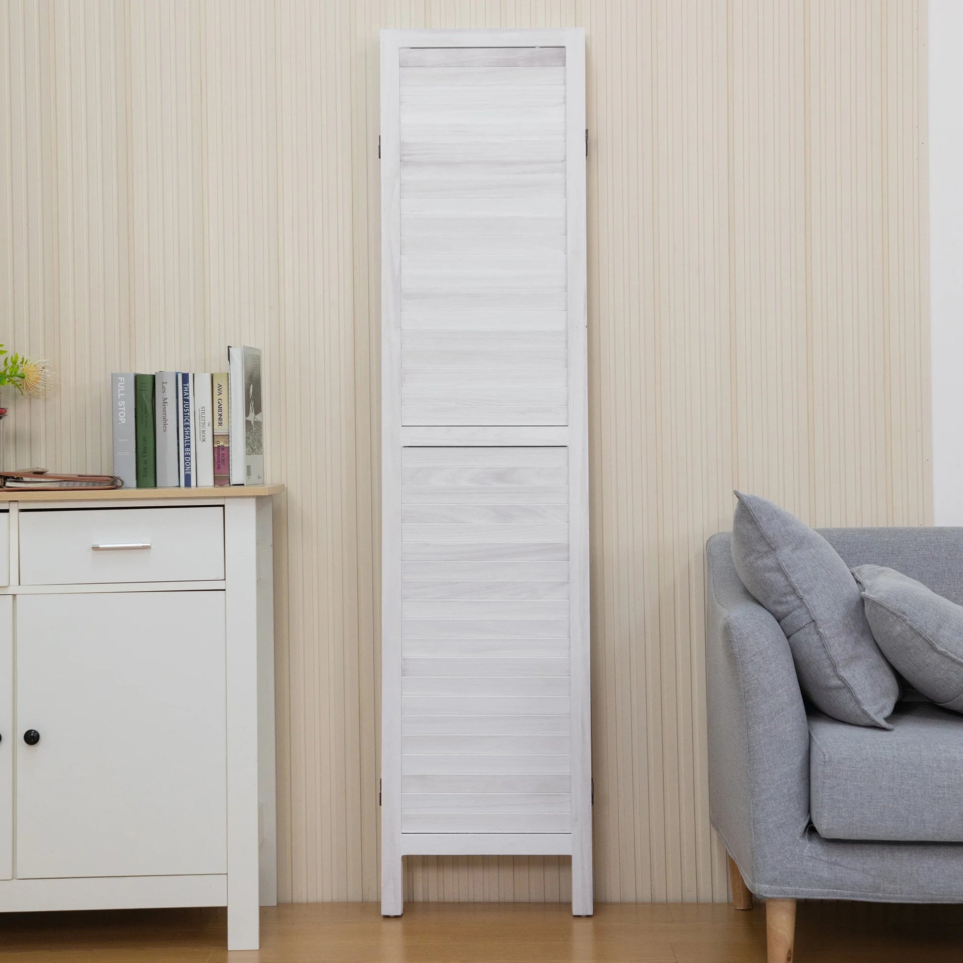 Jaxpety 4 Panel Room Divider Folding Privacy Screen Louvered Partial Partition, Aged White