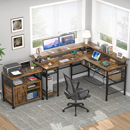 Homieasy L Shaped Desk with Power Outlets and LED Light, 55 inch Reversible L-Shaped Gaming Desk with Monitor Stand, Ergonomic Corner Computer Desk with Storage Shelf for Home Office, Rustic Brown