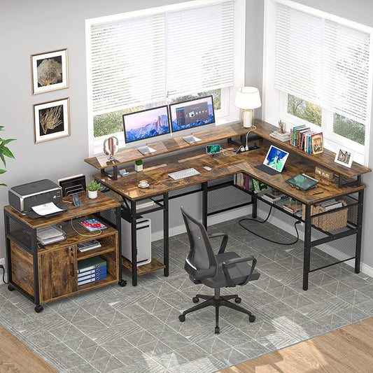 Homieasy L Shaped Desk with Power Outlets and LED Light, 55 inch Reversible L-Shaped Gaming Desk with Monitor Stand, Ergonomic Corner Computer Desk with Storage Shelf for Home Office, Rustic Brown
