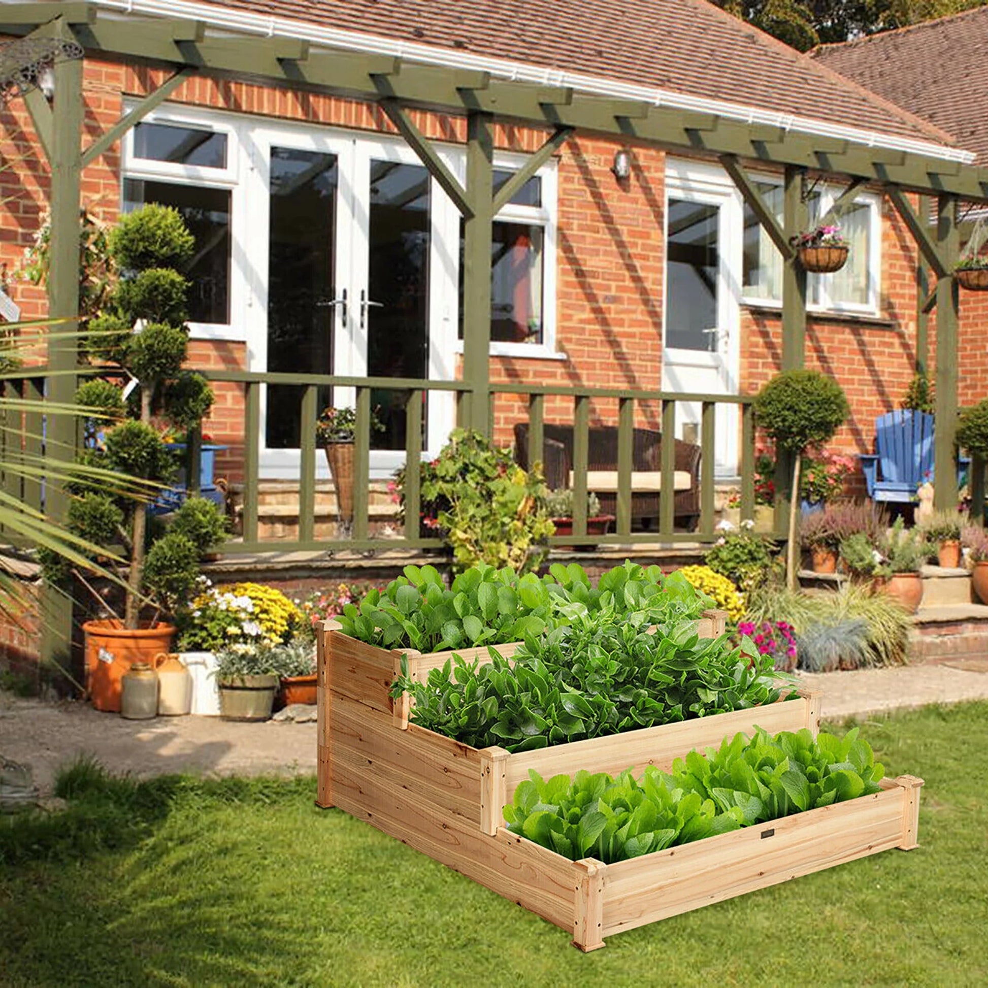Costway 3 Tier Wooden Raised Garden Bed Planter Kit Outdoor Grow Flower Vegetables
