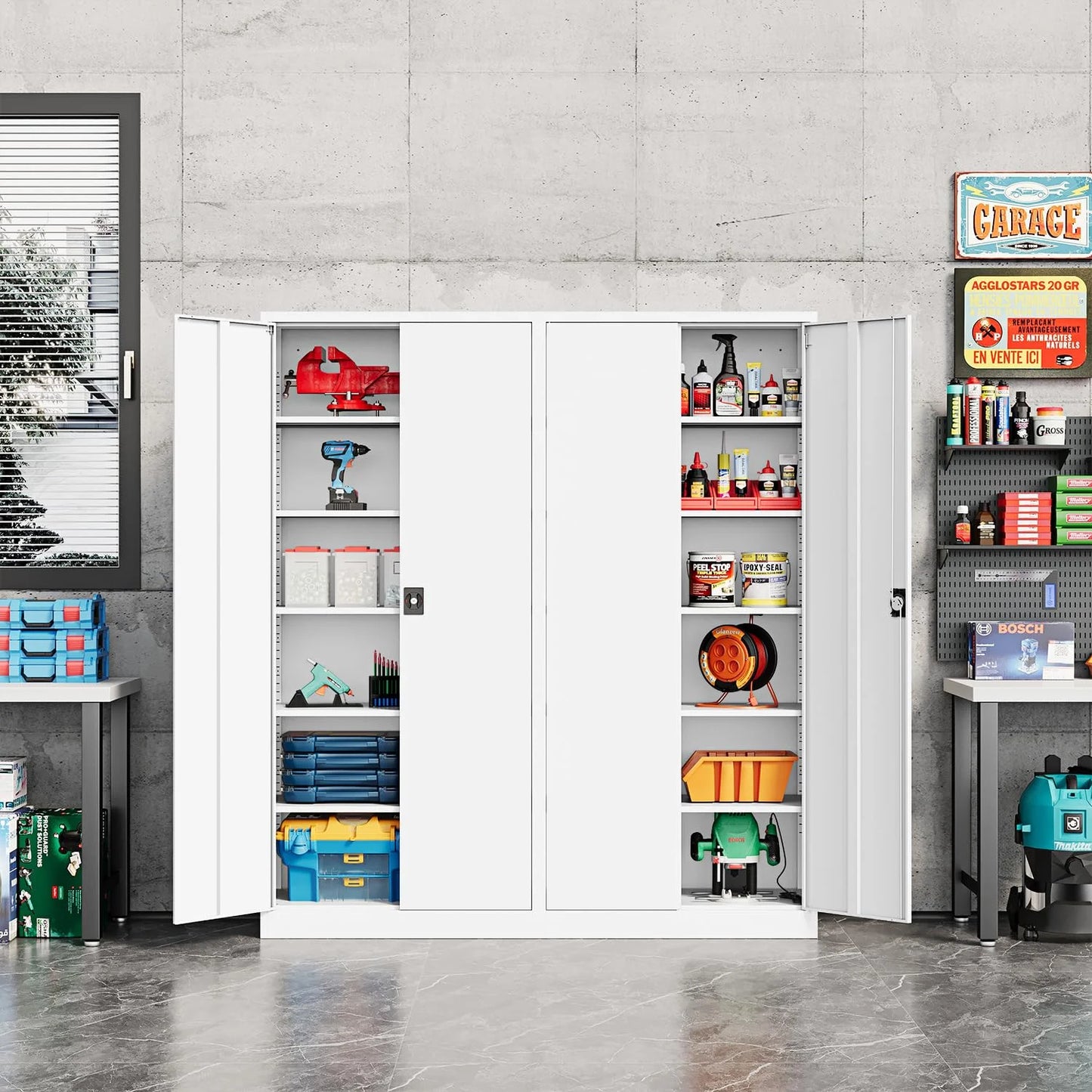 Fesbos Metal Garage Storage Cabinet,71" H Tall White Cabinet with 2 Doors and 5 Adjustbale Shelves,Lockable Tool Cabinet for Garage, Basement, Home Office