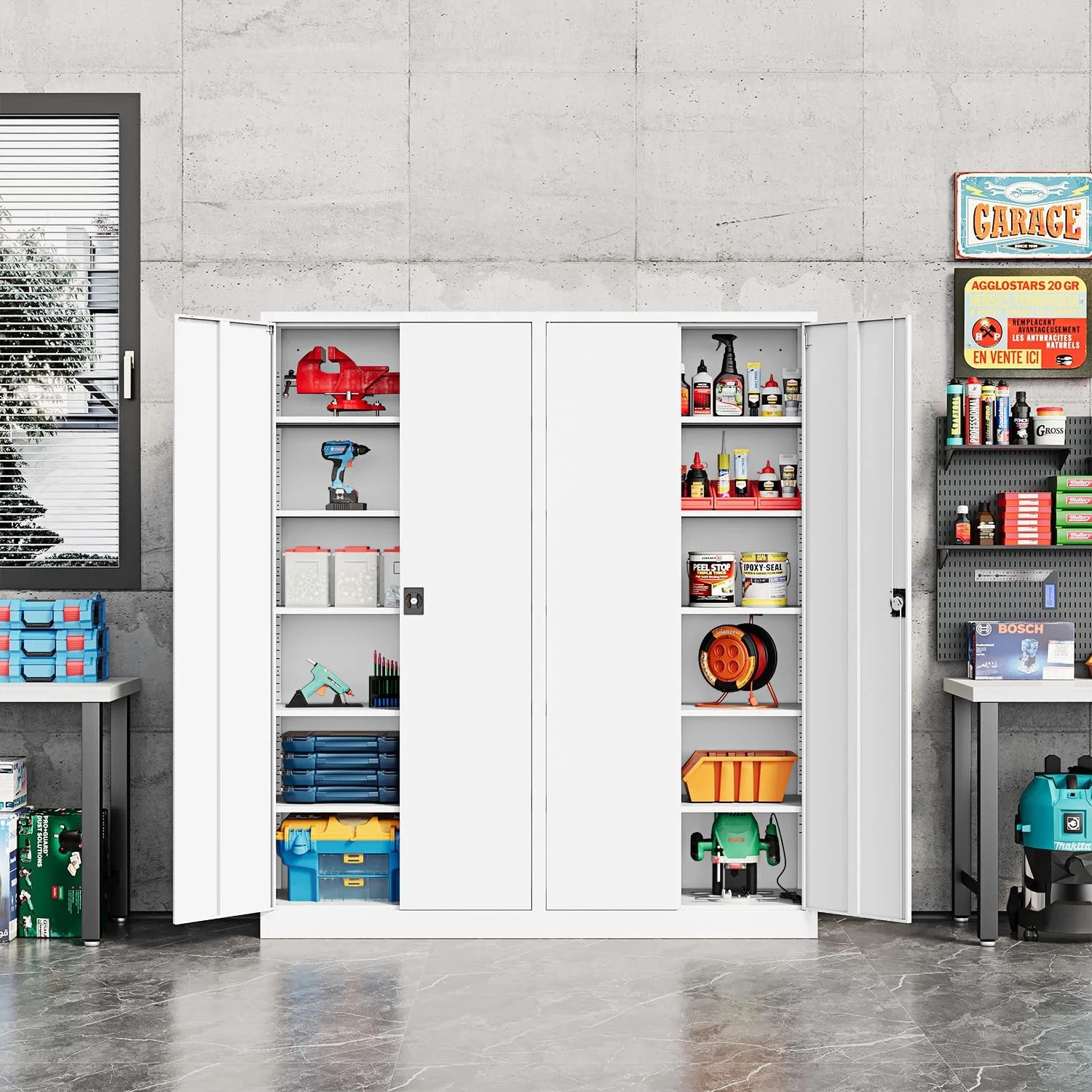 Fesbos Metal Garage Storage Cabinet,71" H Tall White Cabinet with 2 Doors and 5 Adjustbale Shelves,Lockable Tool Cabinet for Garage, Basement, Home Office