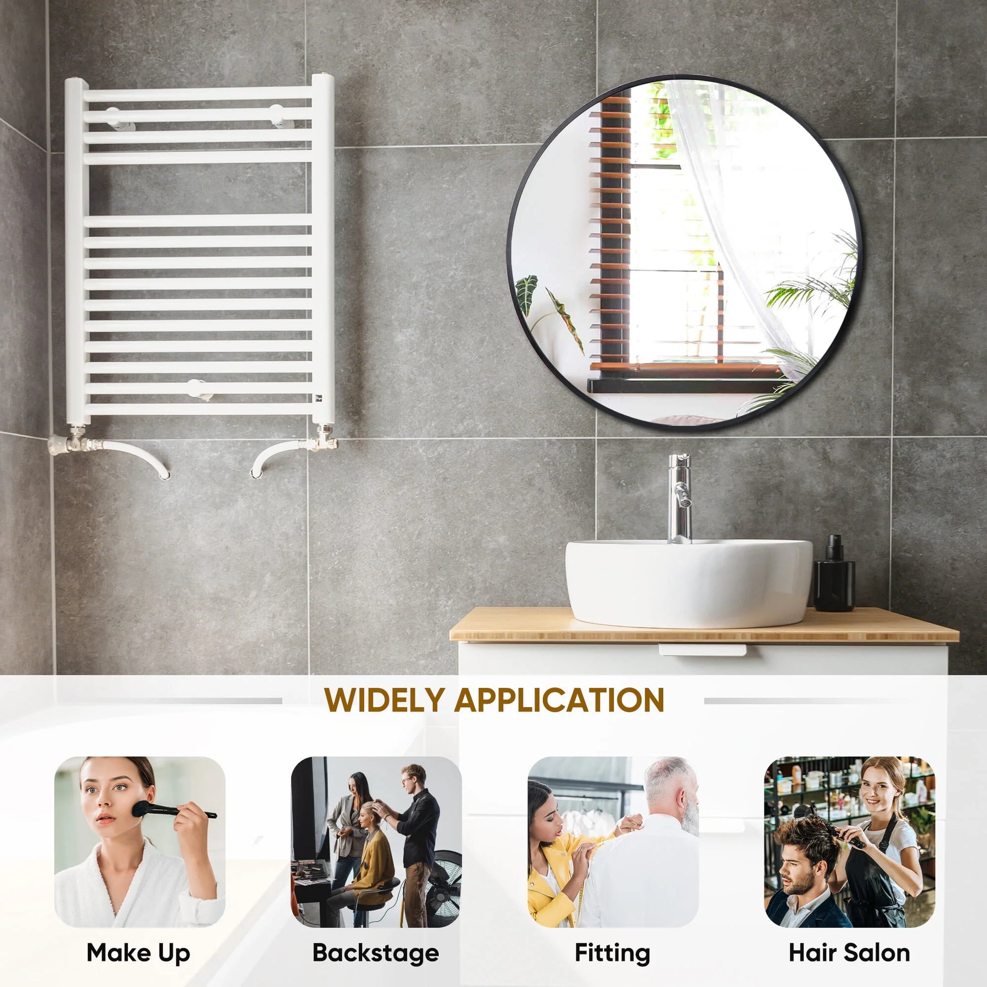 SuperDeal 24 inch Diameter Round Wall Mirror HD Explosion-Proof Black Aluminum Alloy Frame