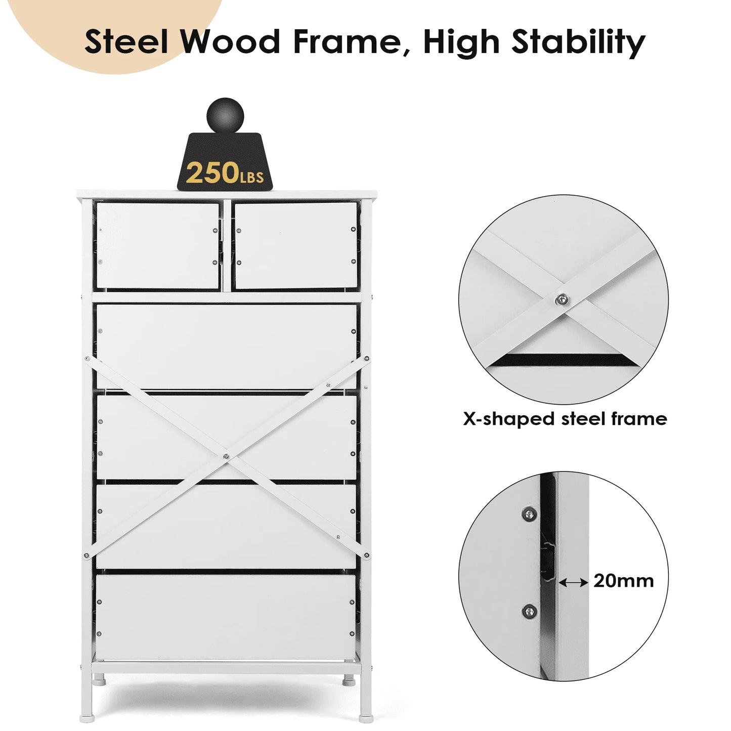Chest of 6 Drawers, Drawer Dresser storage organizer for Bedroom, Living Room, Hallway, Nursery, Storage Cabinet Wooden Dresser with Steel Frame,White