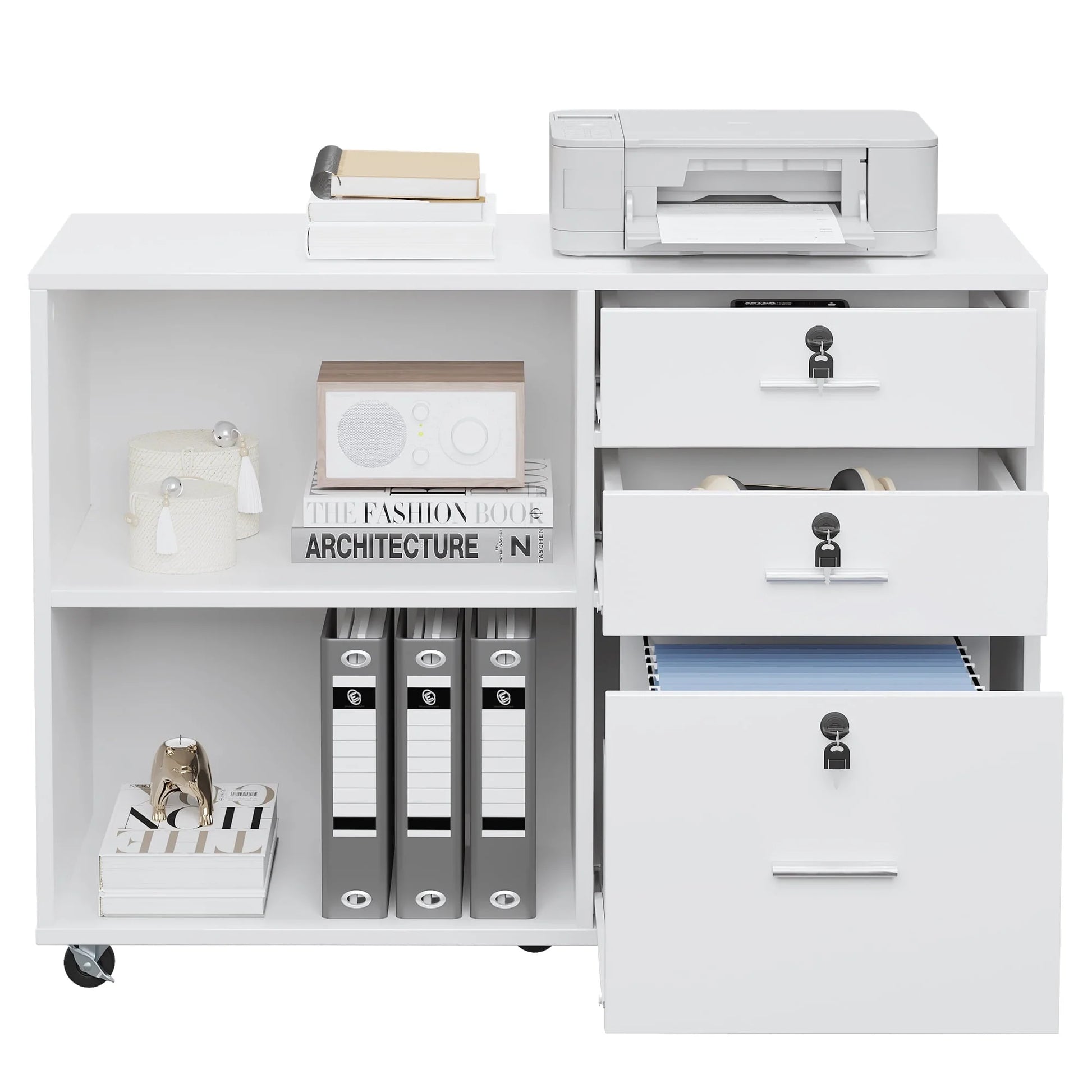 DEXTRUS 3 Drawer Wood Lateral Filing Cabinet with Locks, Printer Stand Storage File Cabinet with Shelves for Home Office, White