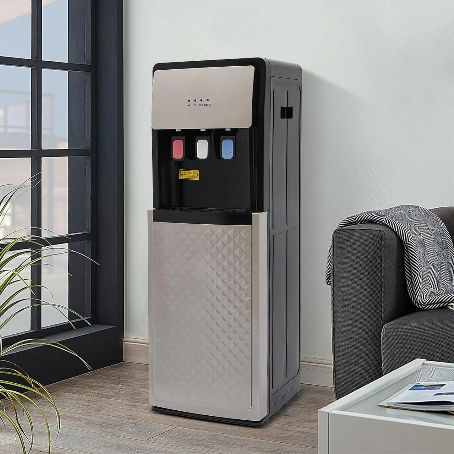 Bottom Loading Water Cooler Dispenser, Storage Cabinet Drinking Fountain Hot & Cold Standing Water Dispenser with Anti-Scalding Design Safety Lock for Home Office (Silver Grey)
