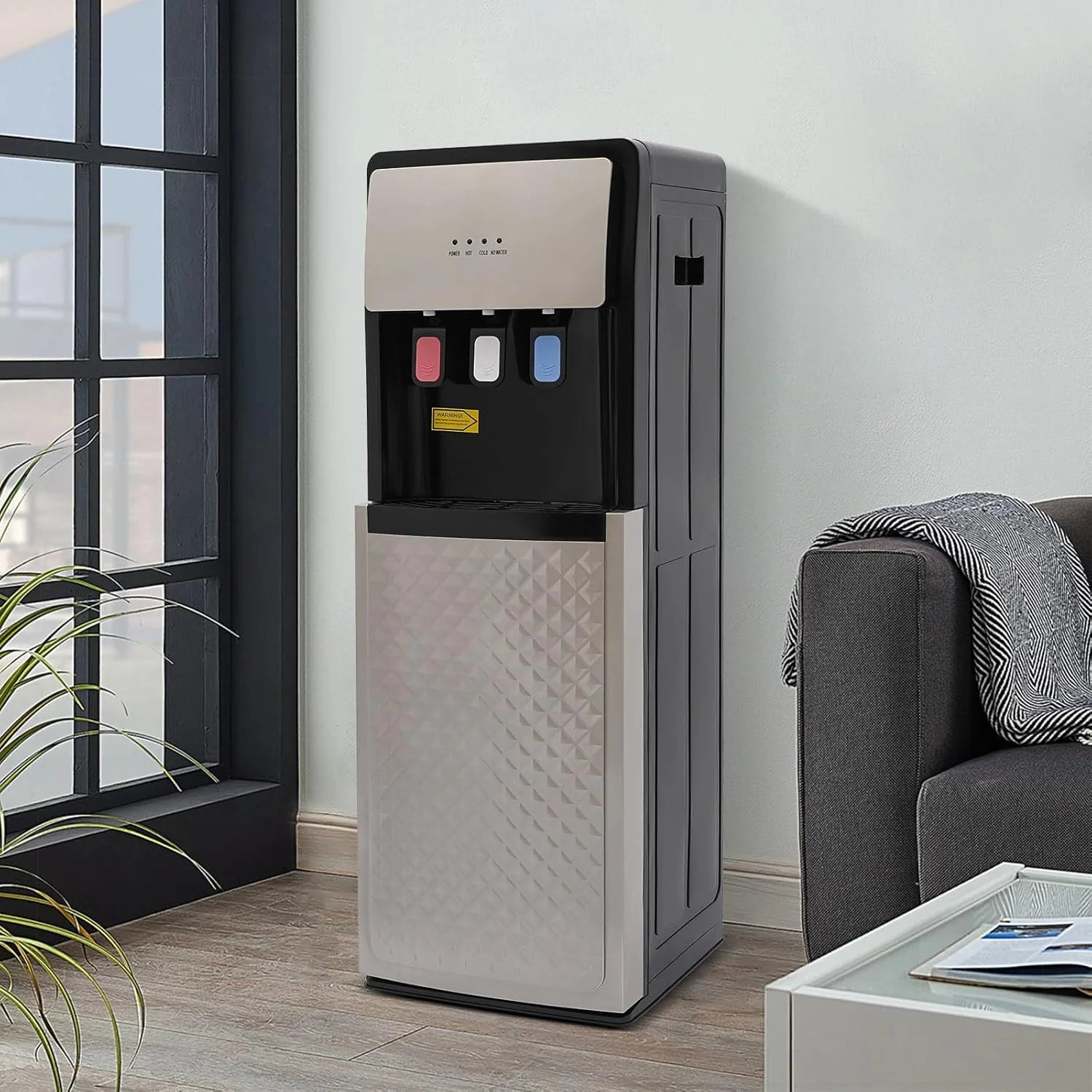 Bottom Loading Water Cooler Dispenser, Storage Cabinet Drinking Fountain Hot & Cold Standing Water Dispenser with Anti-Scalding Design Safety Lock for Home Office (Silver Grey)