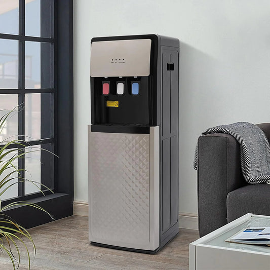 Bottom Loading Water Cooler Dispenser, Storage Cabinet Drinking Fountain Hot & Cold Standing Water Dispenser with Anti-Scalding Design Safety Lock for Home Office (Silver Grey)