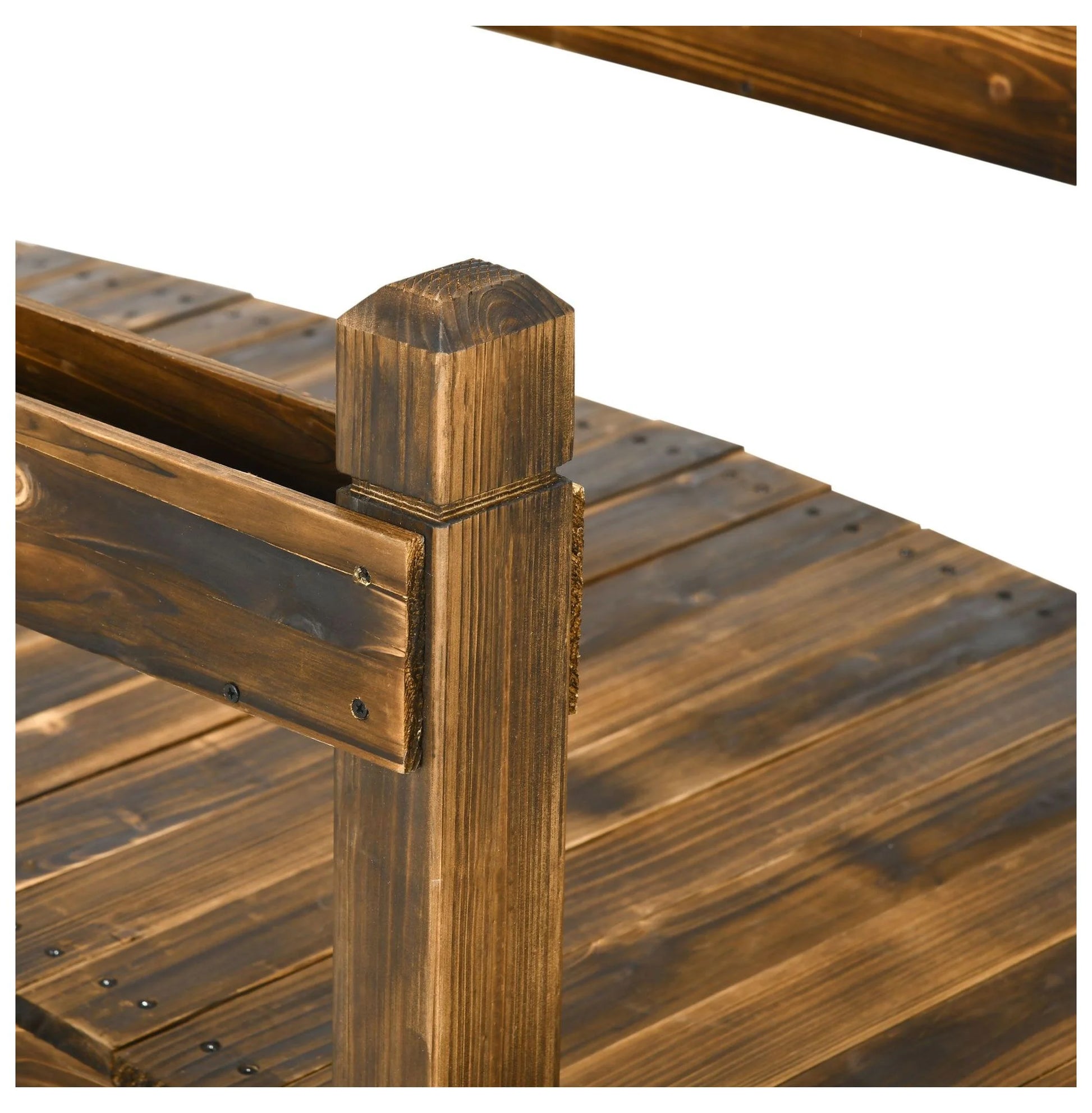 7.5' Wooden Garden Bridge with Planters, Stained Arc Footbridge for Backyard, Pond & Stream