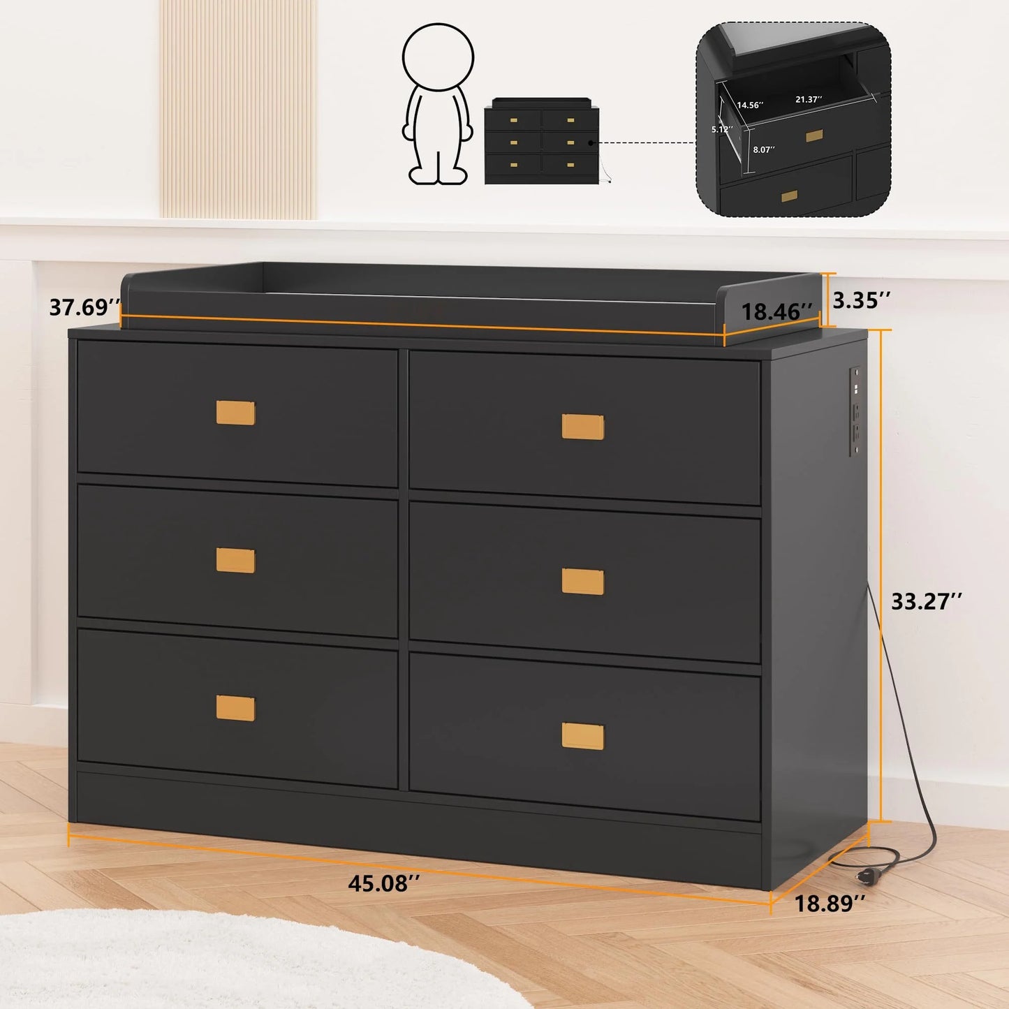 NEILA Changing Table Dresser with 6 Drawers and Power Outlets - Nursery Storage Organizer with Removable Changing Pad