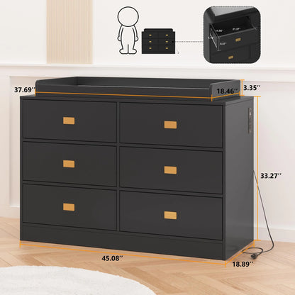 NEILA Changing Table Dresser with 6 Drawers and Power Outlets - Nursery Storage Organizer with Removable Changing Pad