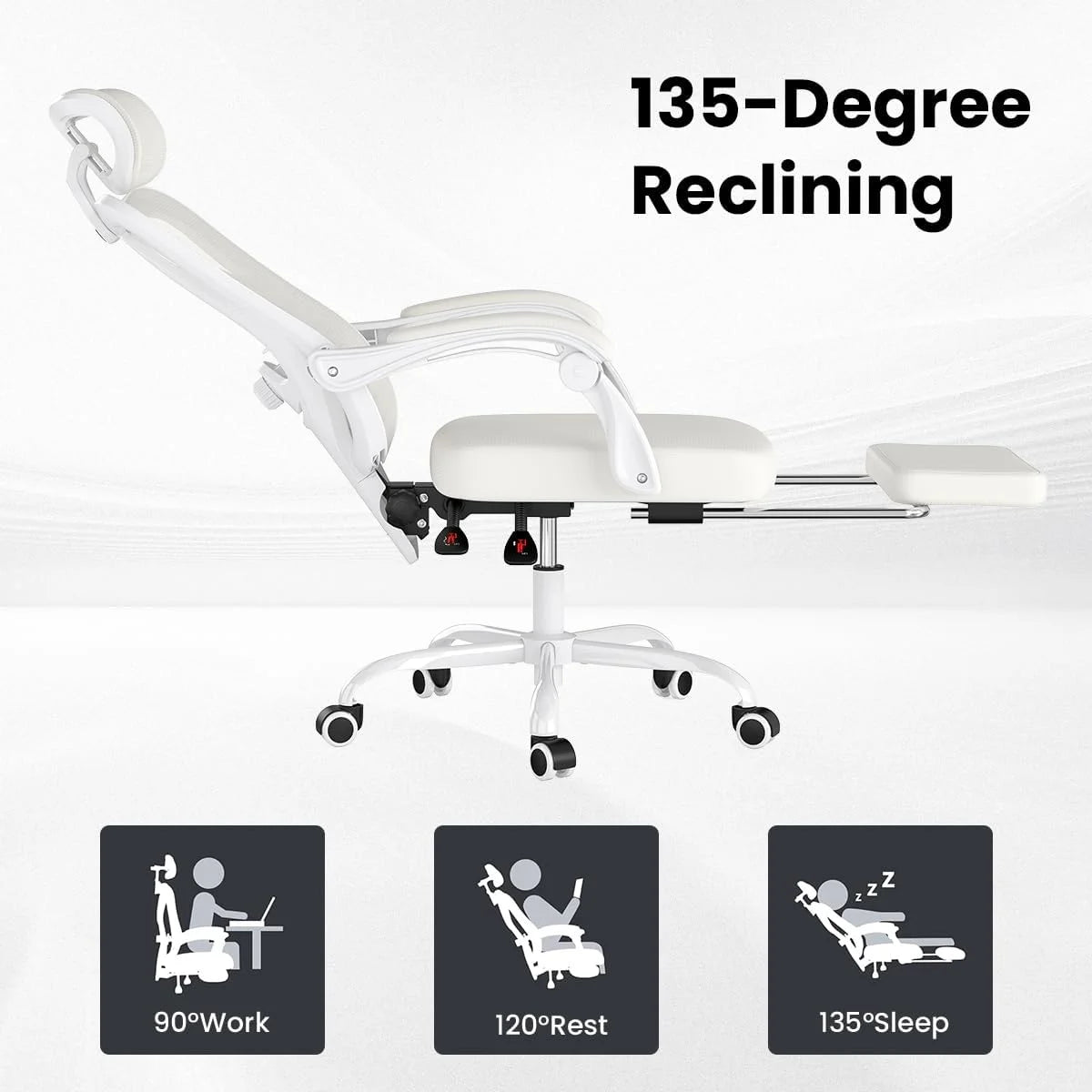 STARY Ergonomic Office Chair with Footrest, High Back Mesh Desk Chair with Adjustable Headrest & Lumbar Support, Comfortable Computer Chair for Home Office Study, White & Beige