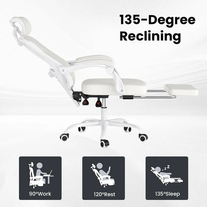 STARY Ergonomic Office Chair with Footrest, High Back Mesh Desk Chair with Adjustable Headrest & Lumbar Support, Comfortable Computer Chair for Home Office Study, White & Beige