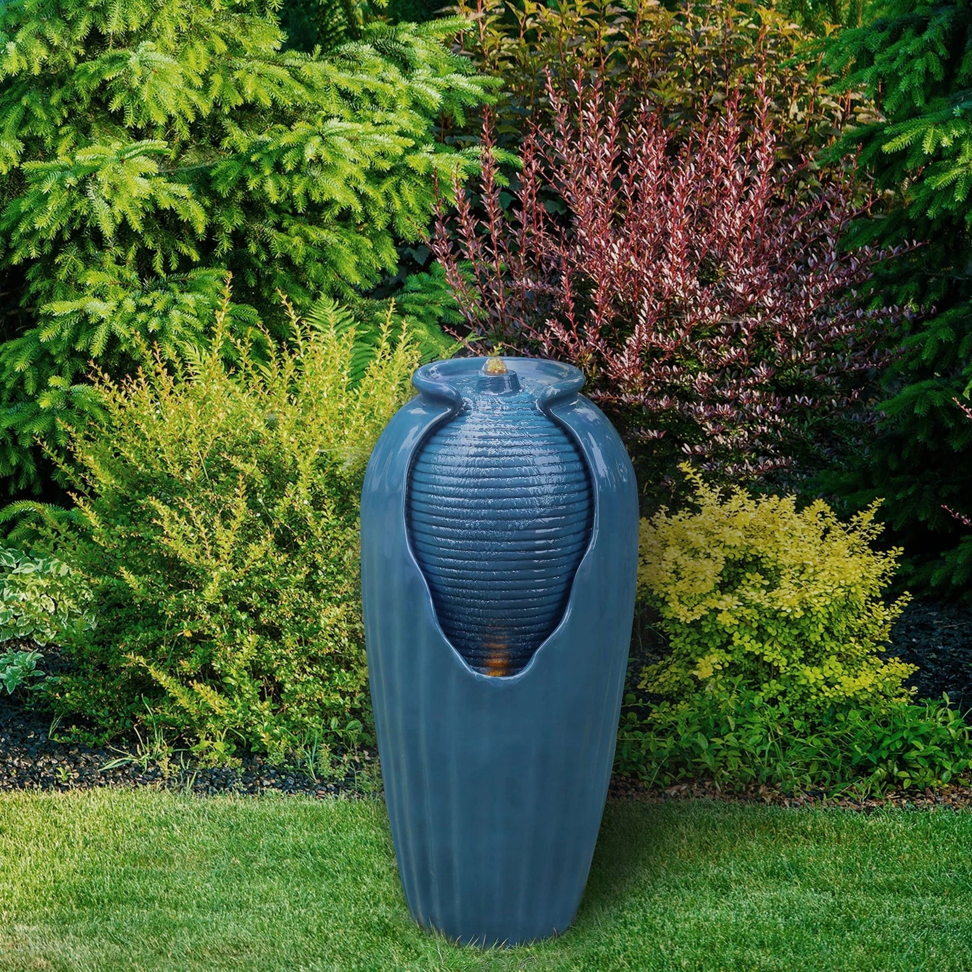 Teamson Home Indoor/Outdoor Glazed Contoured Vase Water Fountain for Backyard with LED Lights, Blue