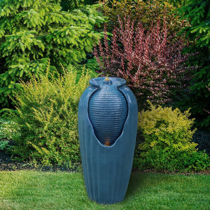 Teamson Home Indoor/Outdoor Glazed Contoured Vase Water Fountain for Backyard with LED Lights, Blue