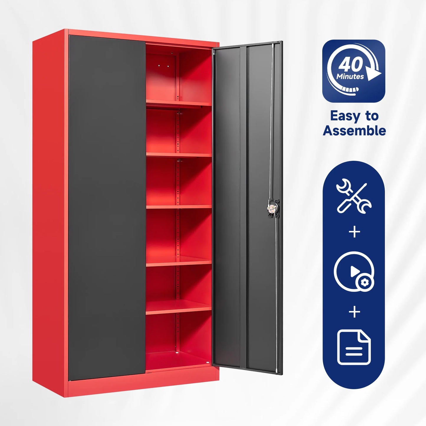 AUHUP 71" Metal Cabinet with 5 Adjustable Shelves, Garage Storage Cabinets with Locking Doors,Tool Storage Cabinet for Home Office,Warehouse,Workshop(Red Black)