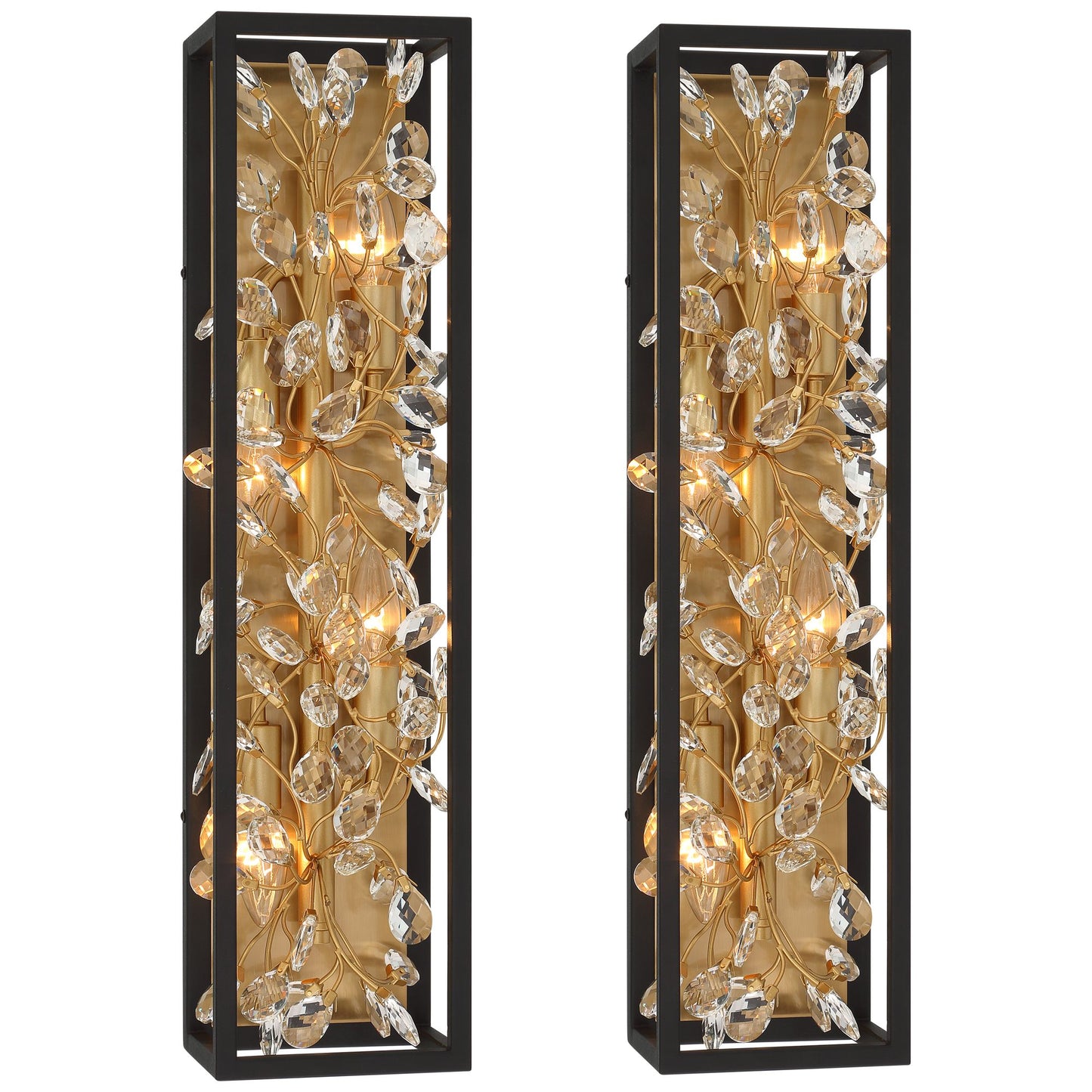 Possini Euro Design Modern Wall Lights Set of 2 Black Gold Plated Hardwired 6" 4-Light Fixture Clear Crystal Flower Vine for Bedroom Bathroom Vanity