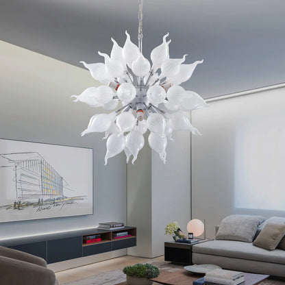 Longree 6-lights Plug in Hand Blown Glass Chandelier Modern Luxury White Flower Bud Glass Art Tall Ceiling Light Hanging Light Fixture for Kitchen, Bedroom, Dining Room, Living Room-LR1466
