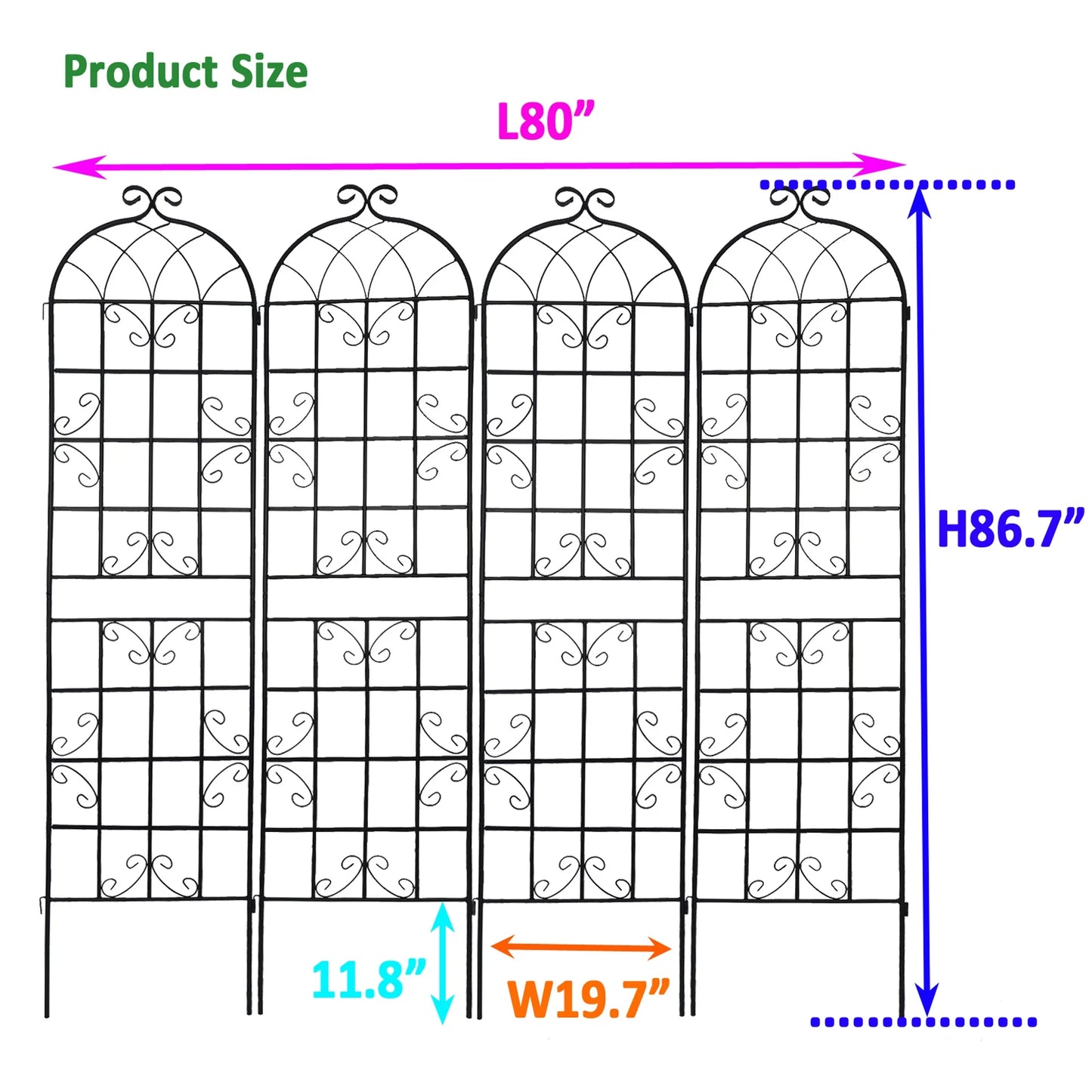 Miniyam 4 Pack Garden Trellis for Climbing Plants, 86.7" X 19.7" Rustproof Sturdy Black Iron Trellis for Potted Plants