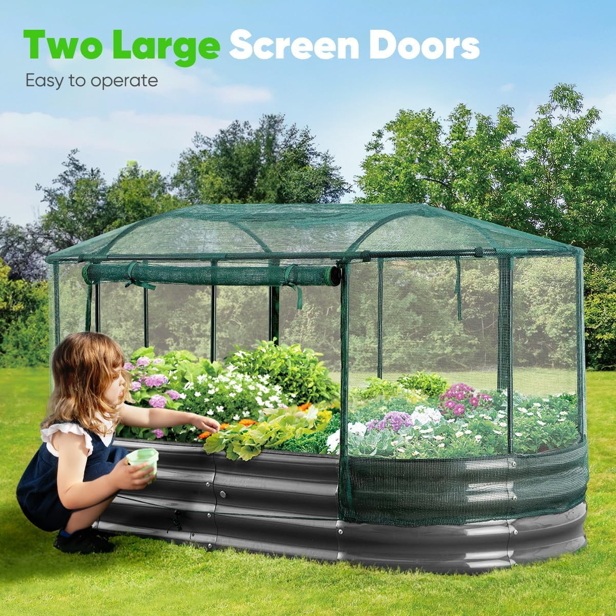 Quictent 6x3x1 ft Galvanized Raised Garden Bed Kit with Self Watering System and Mesh Cover, Large Oval Metal Outdoor Planter Garden Boxes for Vegetables Herbs Flowers