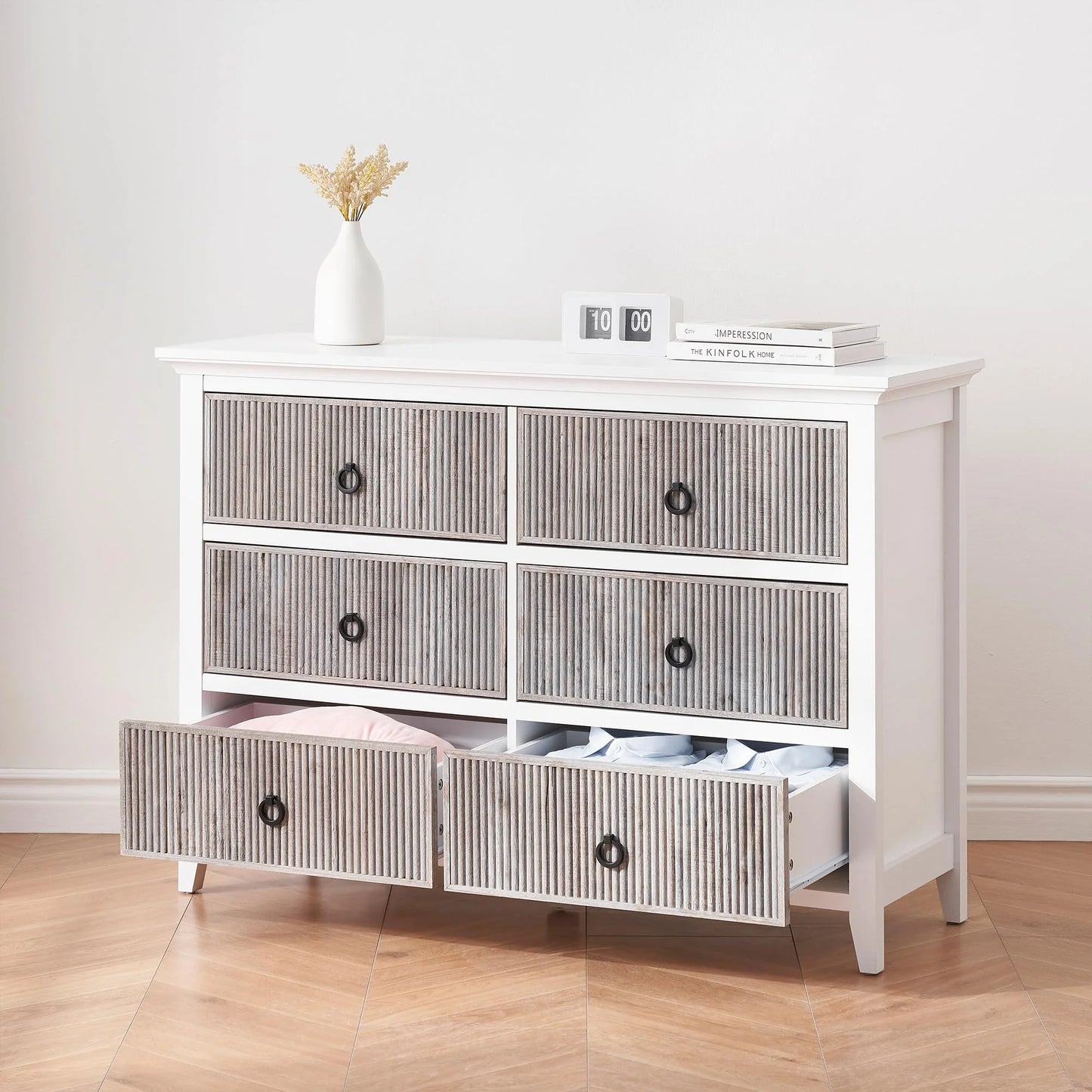 Homhougo White Dresser for Bedroom 6 Drawer, Wood Organizer Storage Cabinet with Gray Strip Drawer Door, Chest of Drawers for Closet, Living Room, Hallway, Nursery, Kids Bedroom