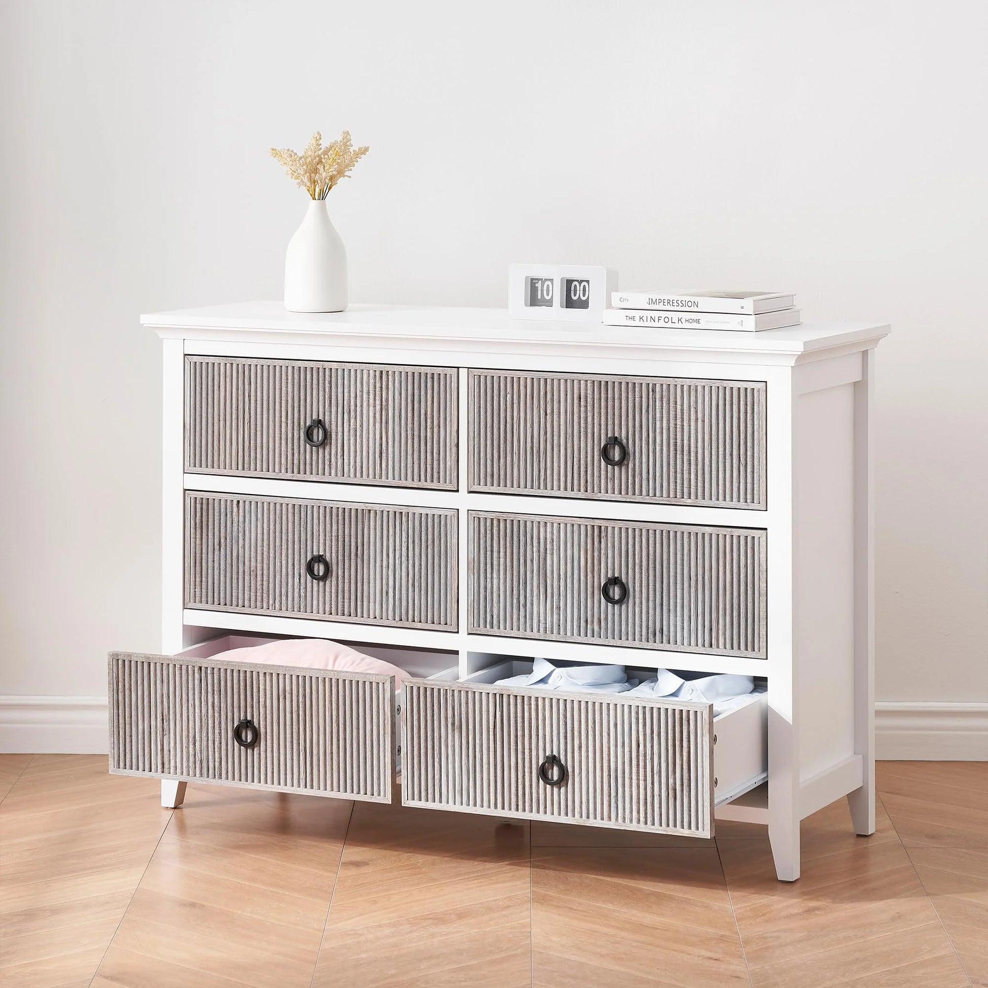 Homhougo White Dresser for Bedroom 6 Drawer, Wood Organizer Storage Cabinet with Gray Strip Drawer Door, Chest of Drawers for Closet, Living Room, Hallway, Nursery, Kids Bedroom