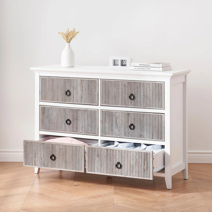 Homhougo White Dresser for Bedroom 6 Drawer, Wood Organizer Storage Cabinet with Gray Strip Drawer Door, Chest of Drawers for Closet, Living Room, Hallway, Nursery, Kids Bedroom