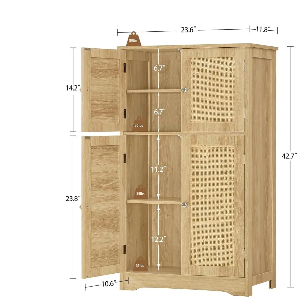 FANGSUM Rattan Cabinet with 4 Doors & Adjustable Shelf, Natural, for Living Room, Home Office