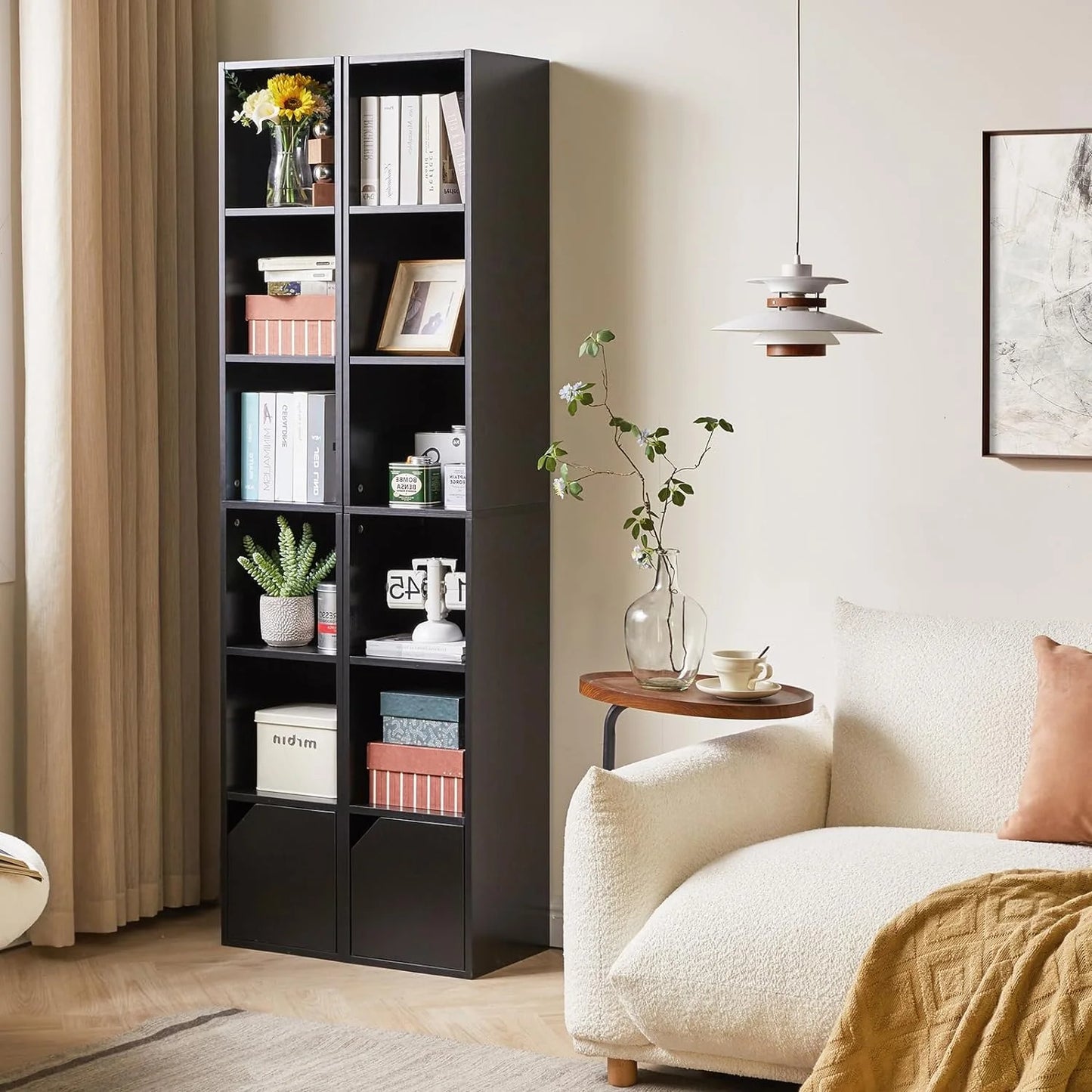 6 Tier Narrow Bookcase with Doors, Cube CD DVD Storage Cabinet,Slim Media Tower Rack,Cabinet,Black Bookcase Display Storage Shelves for Small Spaces,for Home Office Black