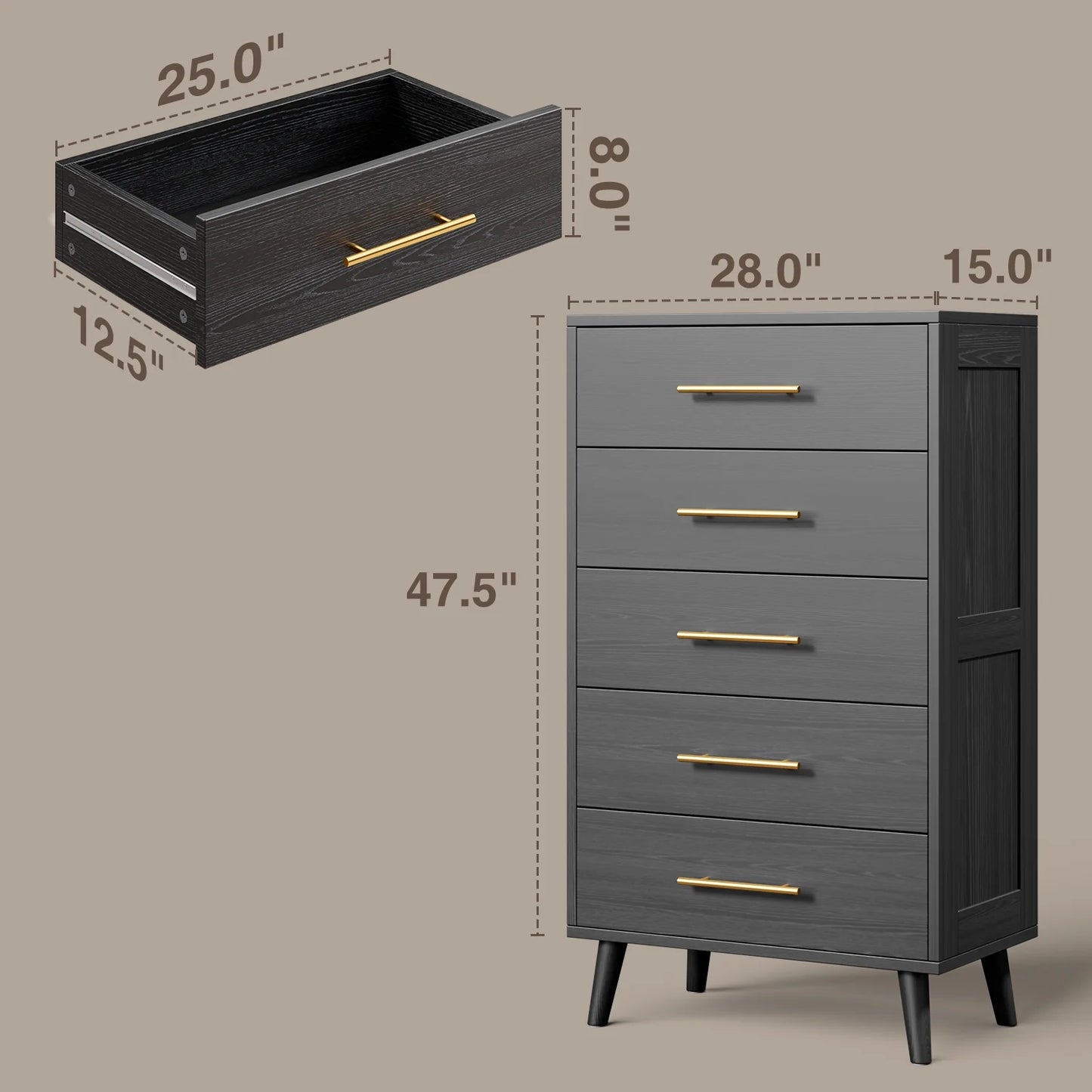 Bedroom Set - Includes Full Size Bed Frame (Dark Gray), Nightstands, 5-Drawer Dresser & Double Wide 6-Drawer Dresser - Modern Storage Solution for Stylish Home Decor, Black