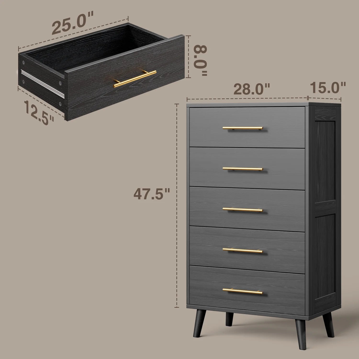 Bedroom Set - Includes Full Size Bed Frame (Dark Gray), Nightstands, 5-Drawer Dresser & Double Wide 6-Drawer Dresser - Modern Storage Solution for Stylish Home Decor, Black