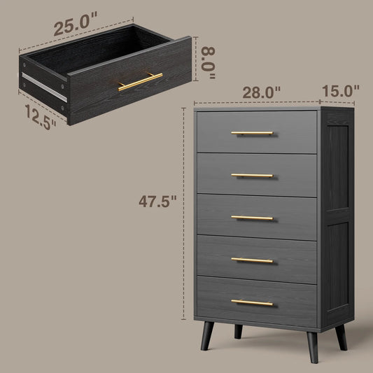 Bedroom Set - Includes Full Size Bed Frame (Dark Gray), Nightstands, 5-Drawer Dresser & Double Wide 6-Drawer Dresser - Modern Storage Solution for Stylish Home Decor, Black