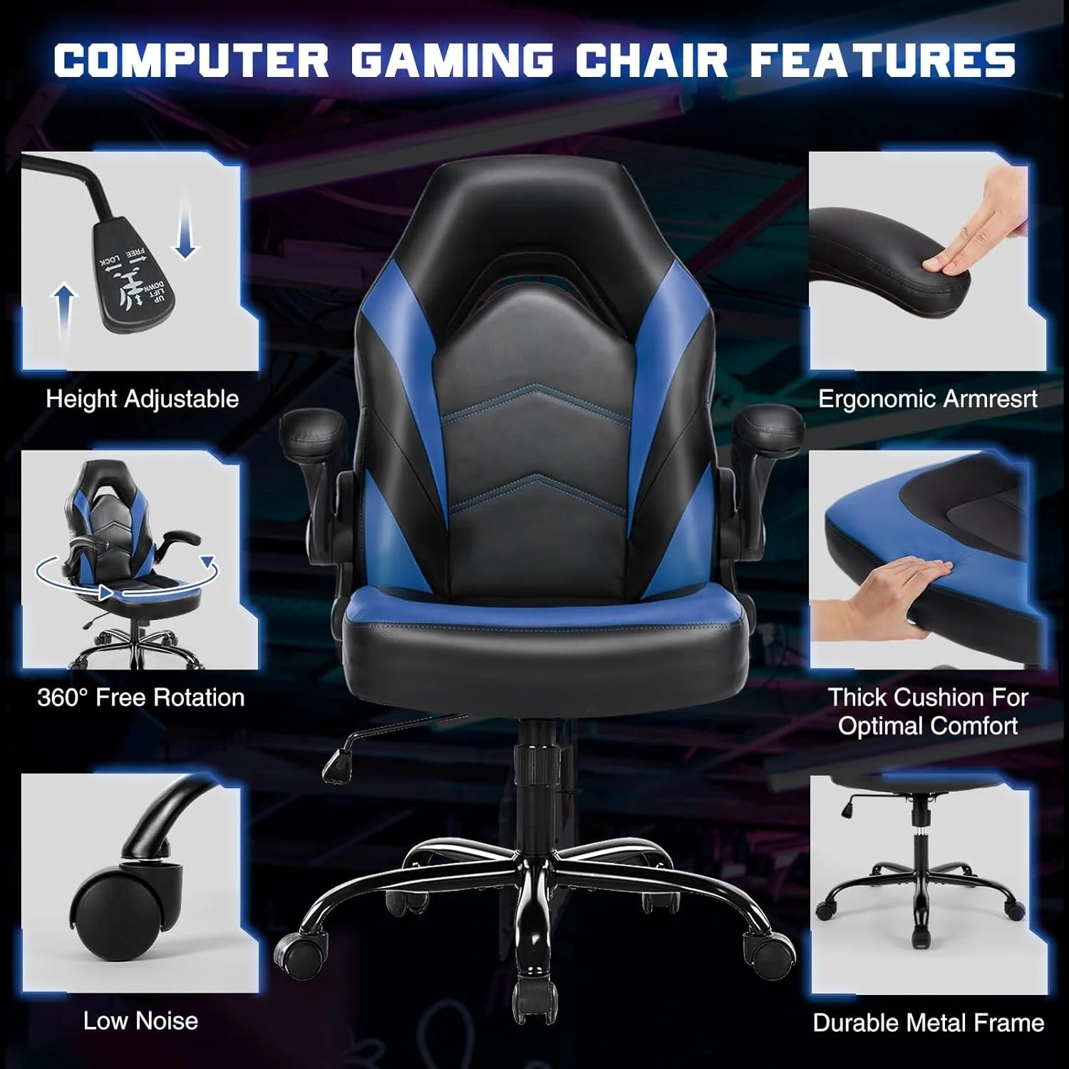 Ergonomic Computer Gaming Chair - Home Office Desk with PU Leather Lumbar Support, Height Adjustable Big and Tall Video Game with Flip-up Armrest, Swivel Wheels for Adults and Teens