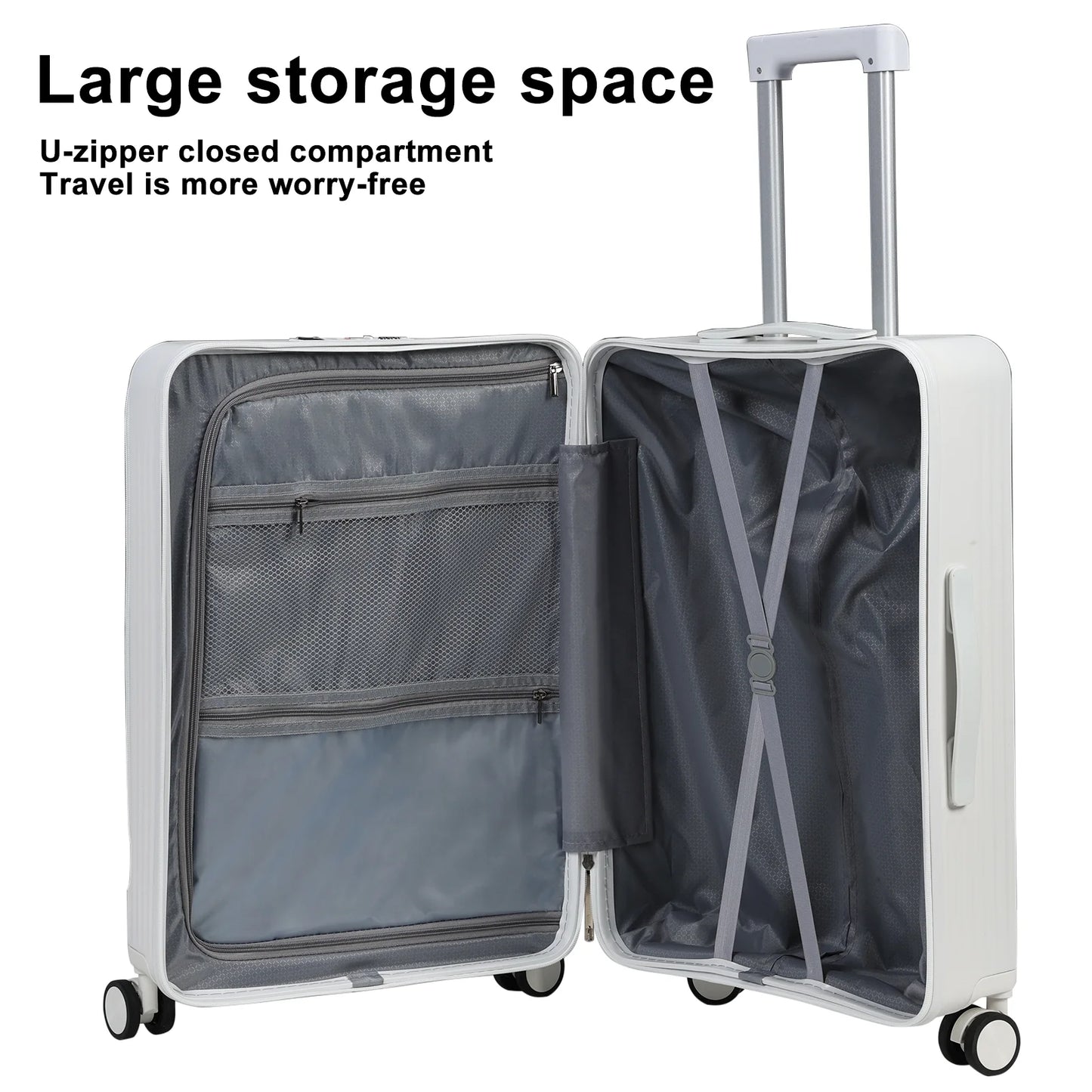 24 Inch Checked Luggage with Front Pocket, USB Charging Port, Built-in lock Carry on Suitcase, Cup Holder and Phone Holder, Medium Hardside Suitcase with Spinner Wheels, White