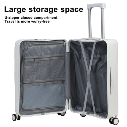 24 Inch Checked Luggage with Front Pocket, USB Charging Port, Built-in lock Carry on Suitcase, Cup Holder and Phone Holder, Medium Hardside Suitcase with Spinner Wheels, White