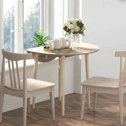 Finihen 35" Solid Wood Rustic Kitchen Table, Drop Leaf Round Dinner Table for Dining Room, Home Office, Living Room Furniture, Beige