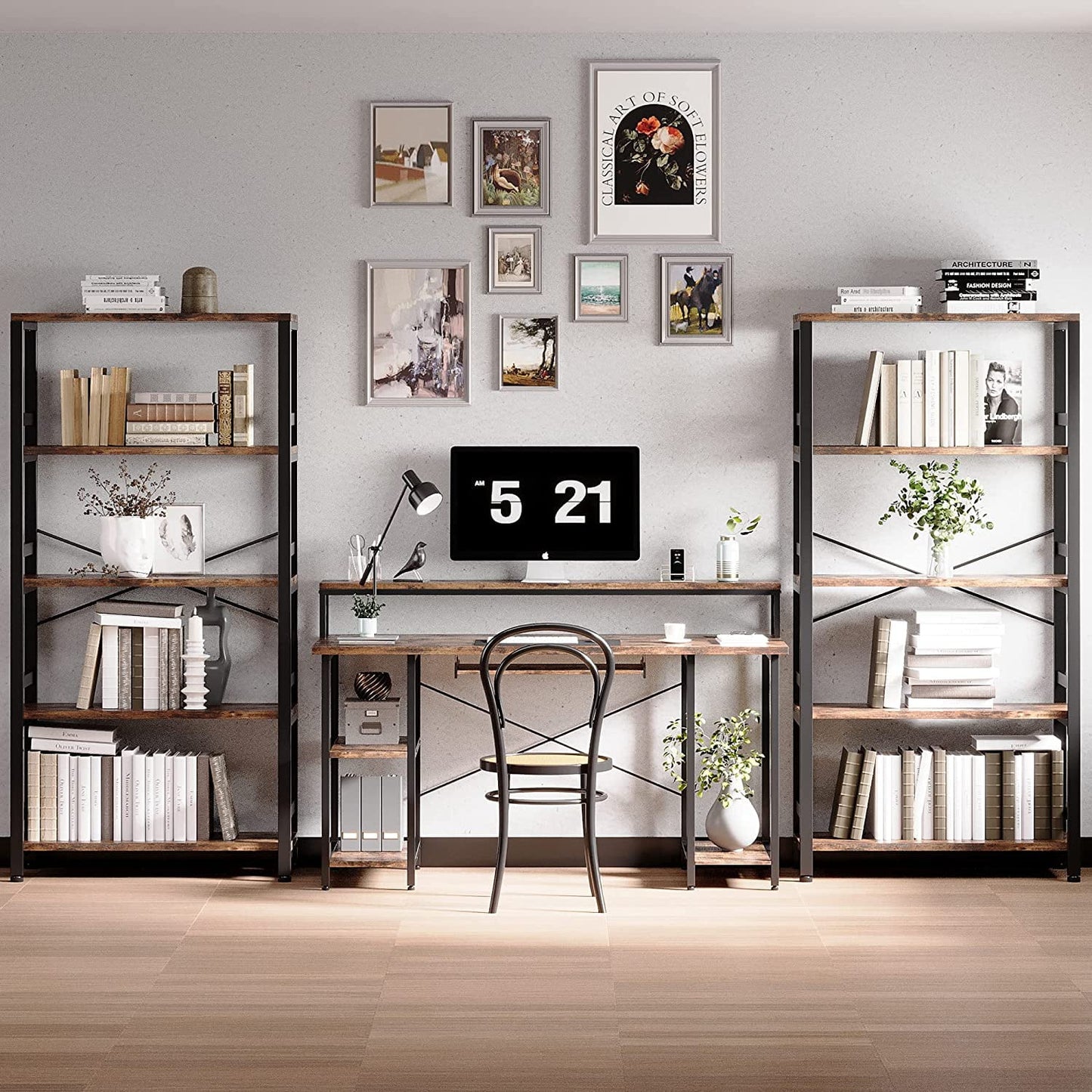 IRONCK 5 Tier Bookshelves and Bookcases, Industrial Shelf for Home Office Decor, Vintage Brown