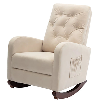 High Back Rocking Chair, Nursery Chair with Side Pocket, Linen Fabric Single Sofa Chair, Lazy Sofa Balcony Reclining Chair, Padded Armchair, for Living Room,Bedroom,Office, Beige
