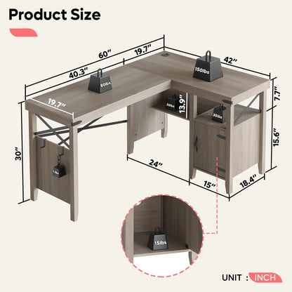 Bestier Farmhouse L-Shaped Computer Desk 60" Home Office Desk with Cabinet, Wash Gray