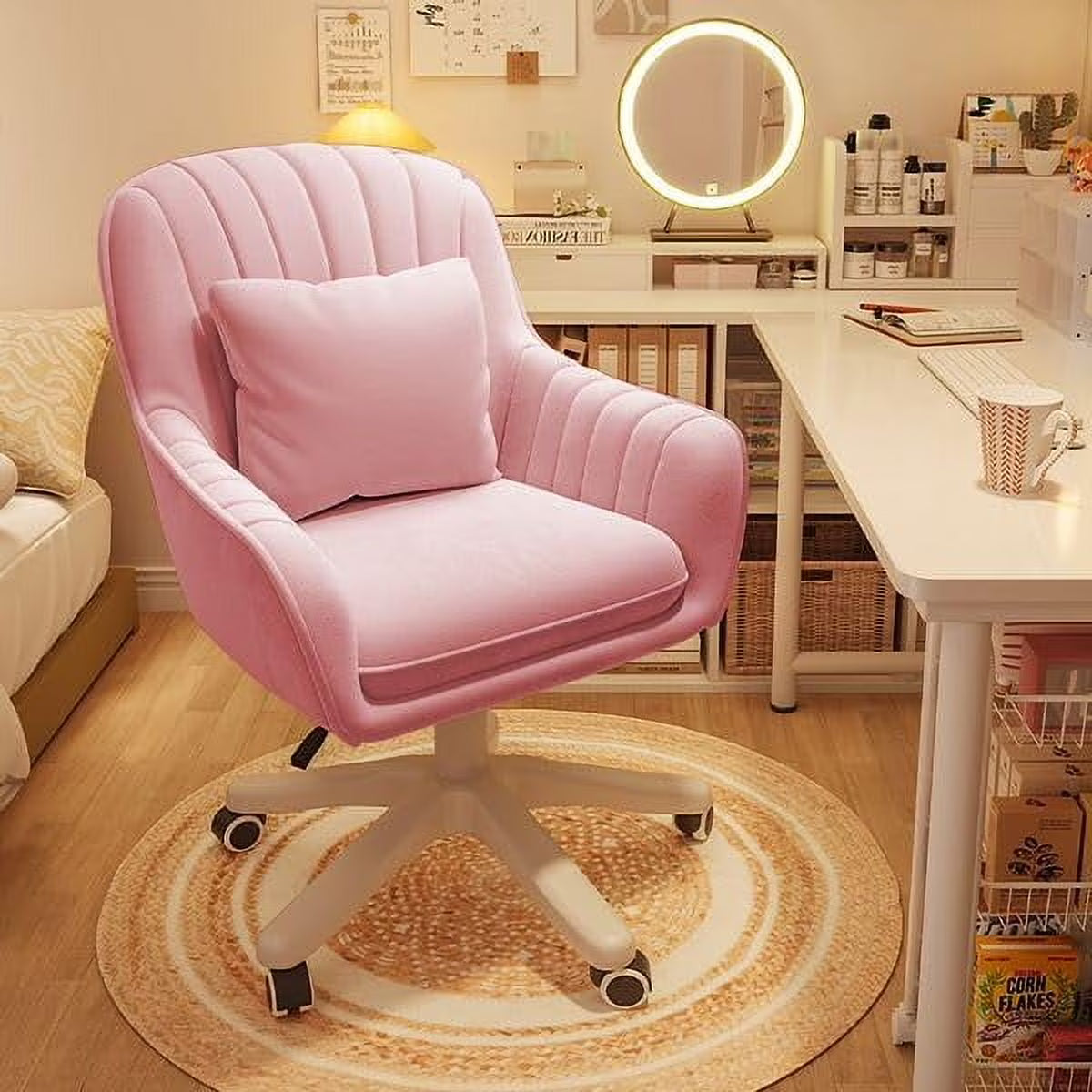 Home Office Chair Computer Chair with Mid-Back Upholstered Modern Tufted Computer Task Chair Swivel Height Adjustable Velvet Accent Chair.White