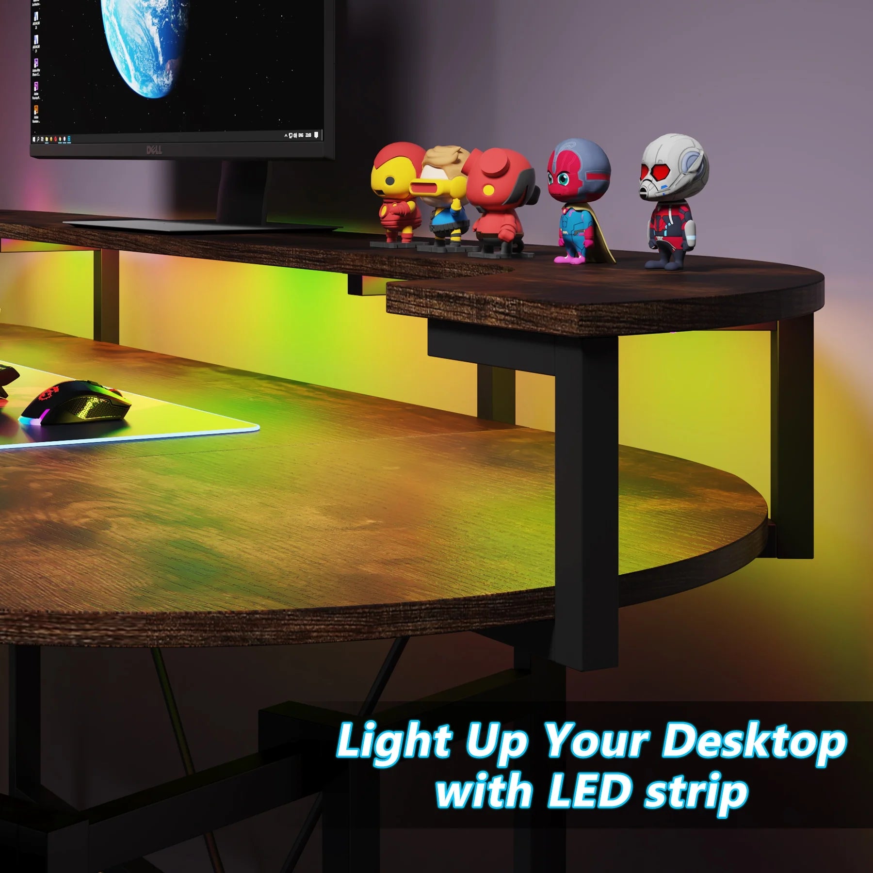 Tribesigns Gaming Desk with Monitor Shelf, 75 inch PC Computer Desk with LED Strip, Carbon Fiber Surface Gaming Table Gamer Workstation for Bedroom, Home Office, Black