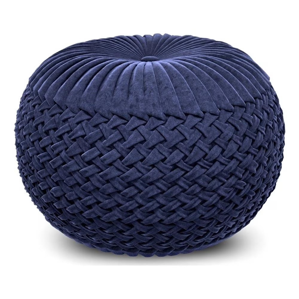 Pemberly Row Round Pouf in Teal Green Velvet Fabric with Woven Details